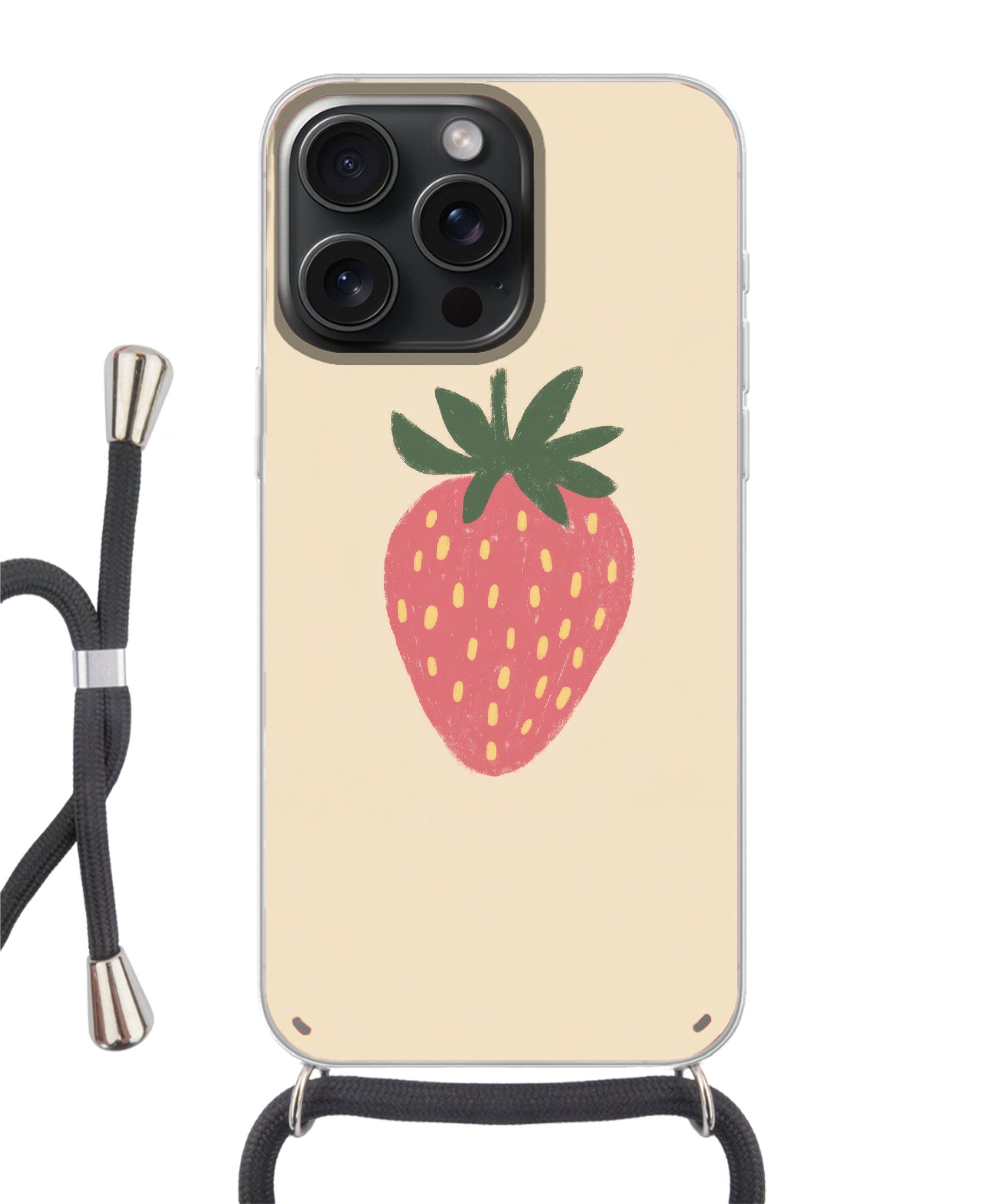 MuchoWow Handyhülle für Apple iPhone 15 Pro Max Erdbeere - Minimalistisch - Rot - Obst, Tragbare Handyhüllen mit Kette zum umhängen, Handykette Handyband