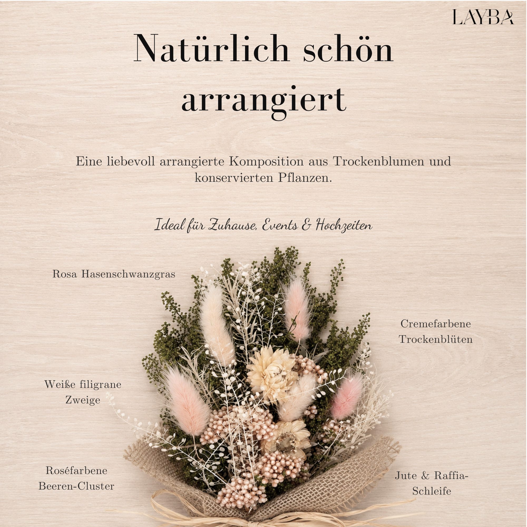 Trockenblume LAYBA Trockenblumenstrauß Rosa Natur mit Jute, Layba, Höhe 15 cm