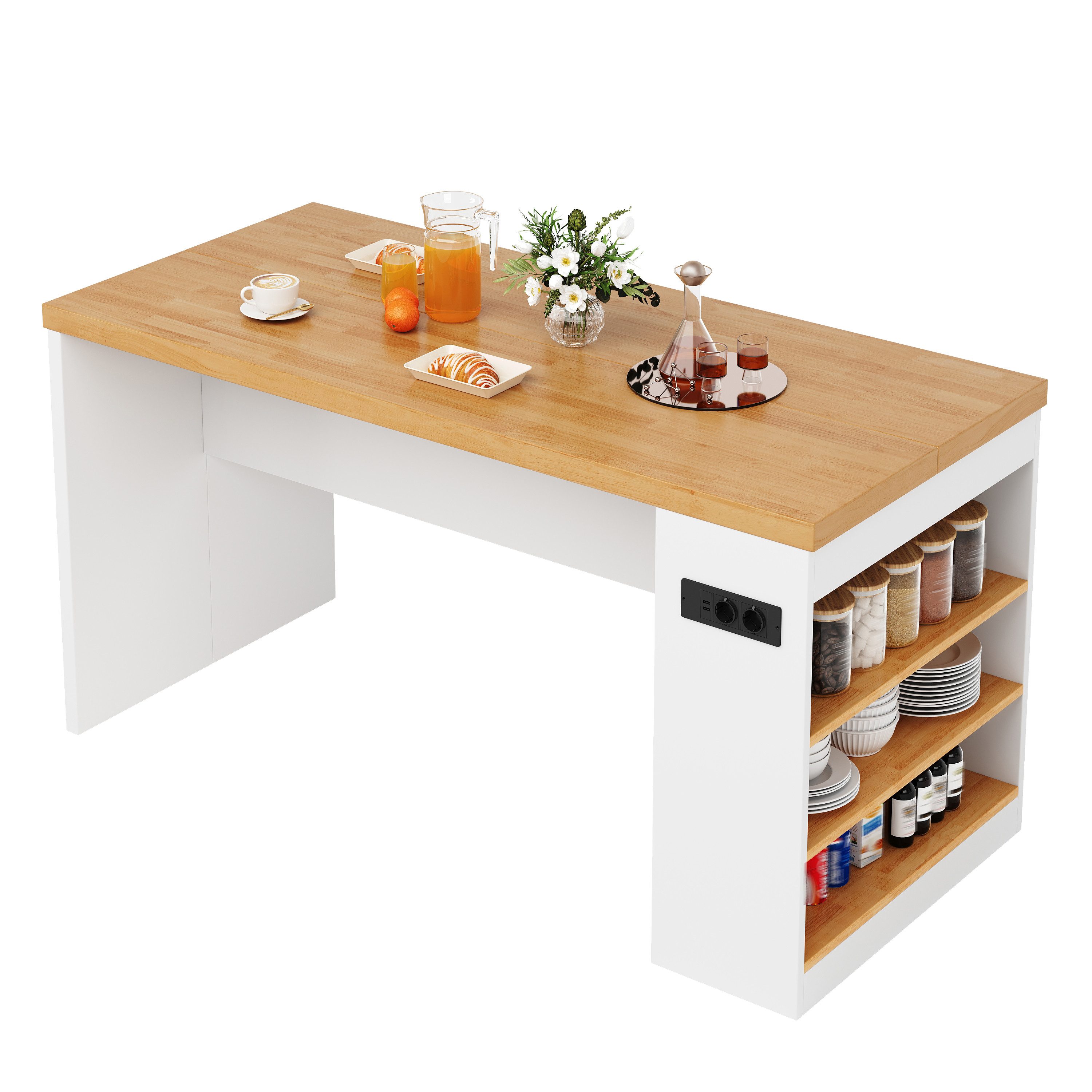 MODFU Kücheninsel mit 40 mm Arbeitsplatte, (LED-Beleuchtung & App-Steuerung, 2AC+2USB Steckdosen und 3 offenen Ablagen – ideal zum Kochen, Backen & Servieren in Küche und Esszimmer für Familien und Hobbyköche)