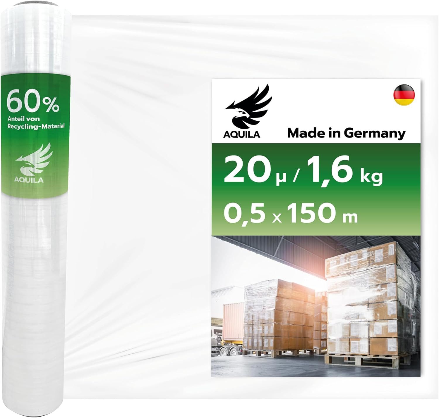 AQUILA Schutzfolie Stretchfolie GreenStretch - Recyclingmaterial - Verpackungsfolie 150m, (1-St), Made in Germany, aus 100% wiederverwertetem Material