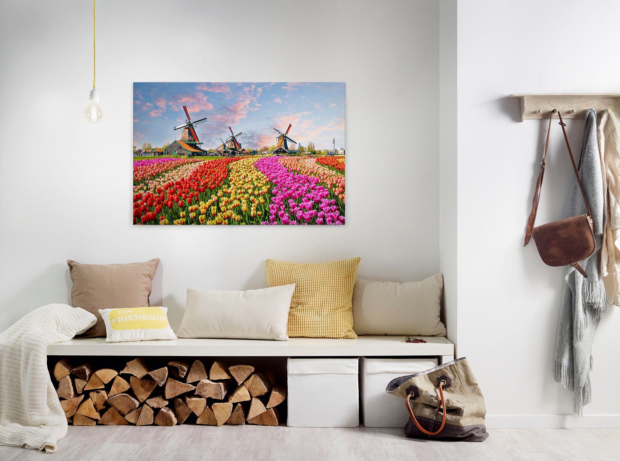 A.S. Création Leinwandbild Zaanse Schans, Kinder, Kunst, Landschaft (1 St), Keilrahmen Blumenfeld Tulpenfeld Holland Leinwand-Bild Wohnzimmer Wand