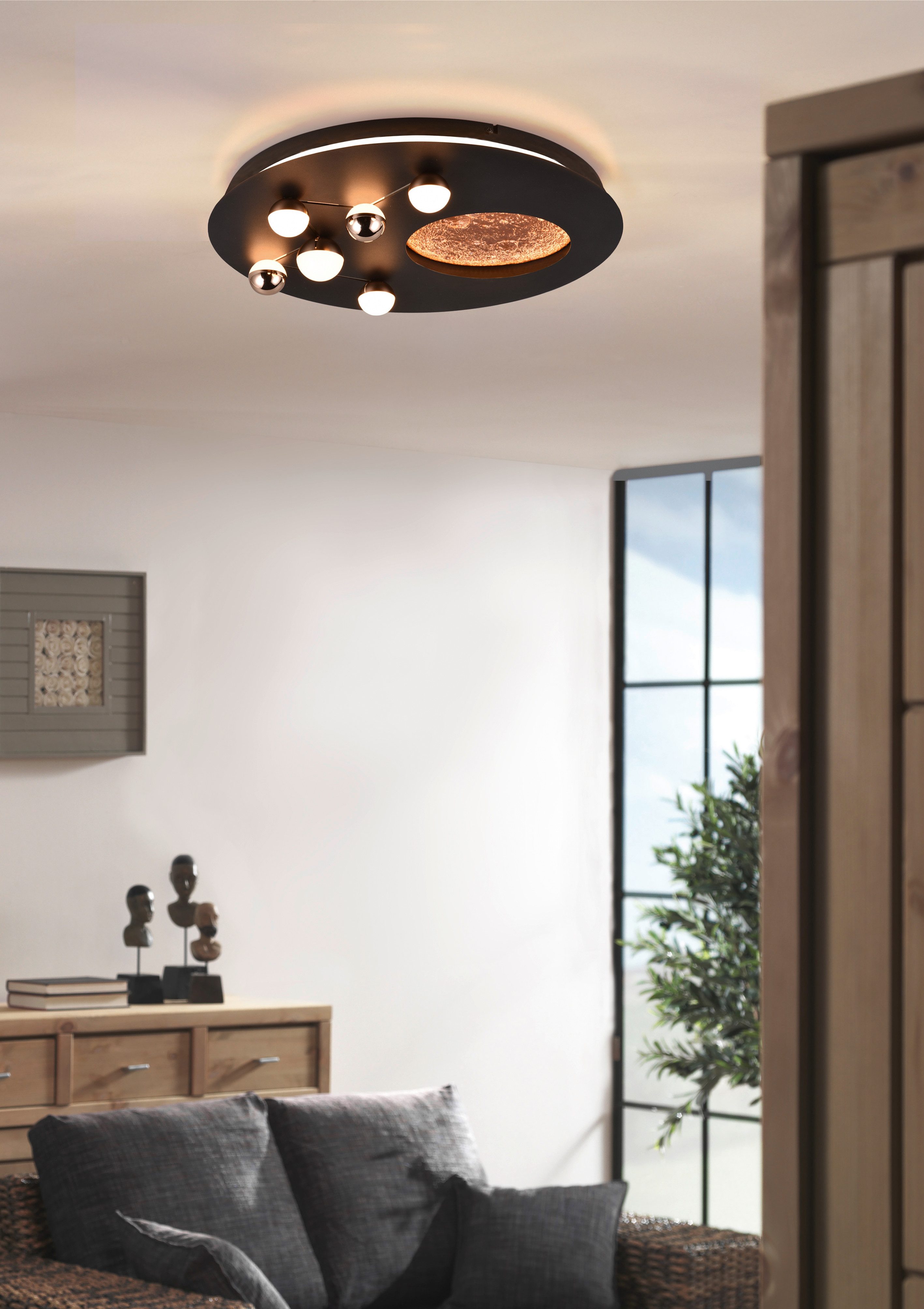 TRIO Leuchten LED Deckenleuchte ZODIAC, Deckenlampe Mond Sterne, indirektes Licht, dimmbar CCT LED 42W, Dimmfunktion, LED fest integriert, warmweiß - kaltweiß, LED Deckenlampe Schlafzimmer Ø 50cm, Lichtfarbe einstellbar, Mondoptik