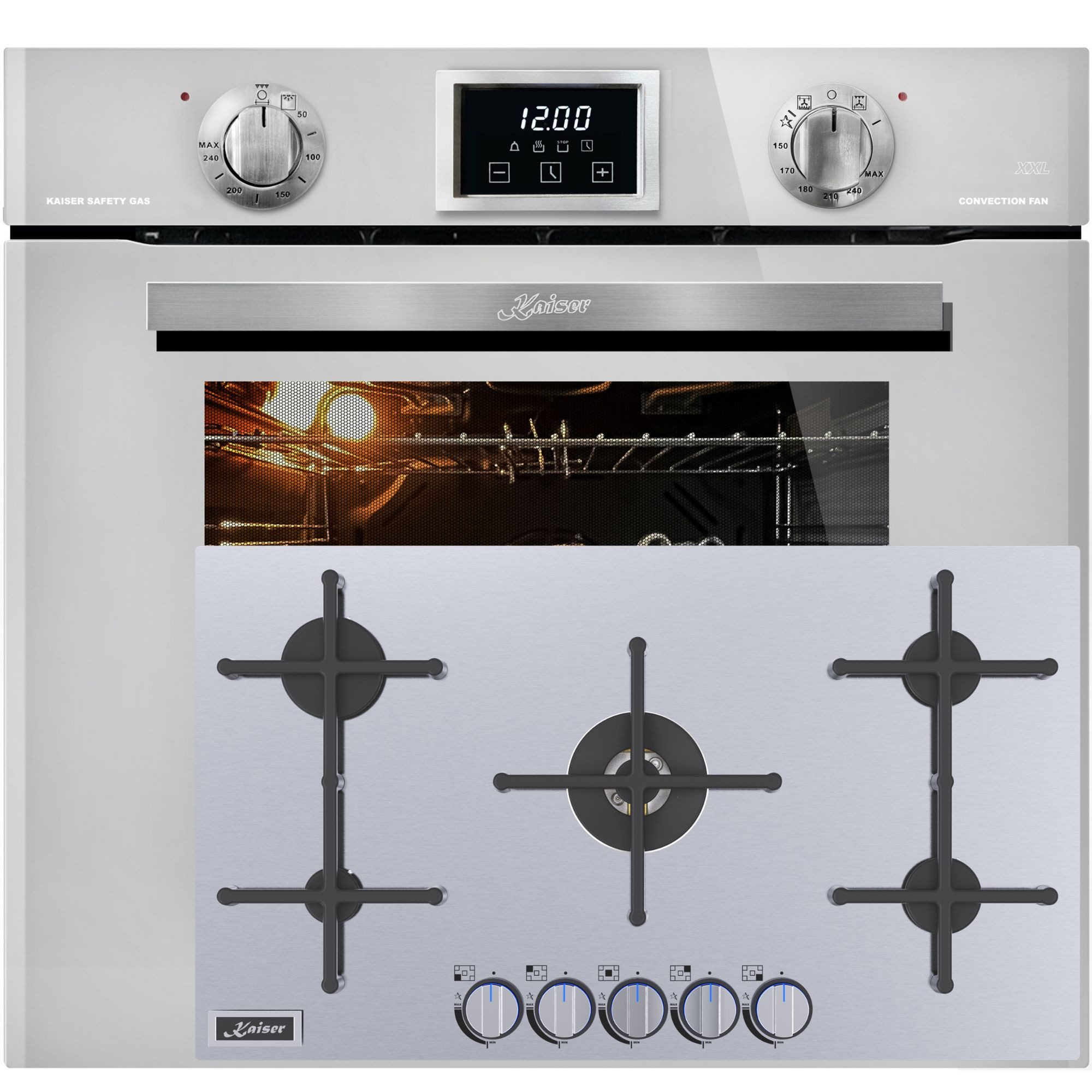 Kaiser Küchengeräte Backofen-Set Herd Set Autark Gasbackofen, 79 L, autark, Grill, Selbstreinigung Umluft Weiß Glas+Gas-Kochfeld 90 cm Edelstahl mit Anti touch-Effekt, Magnetische Gusseisen Topfhalter, Geeignet für Erdgas & Flüssiggas EG 6374 W+KG 9236 Turbo, mit 1-fach-Teleskopauszug