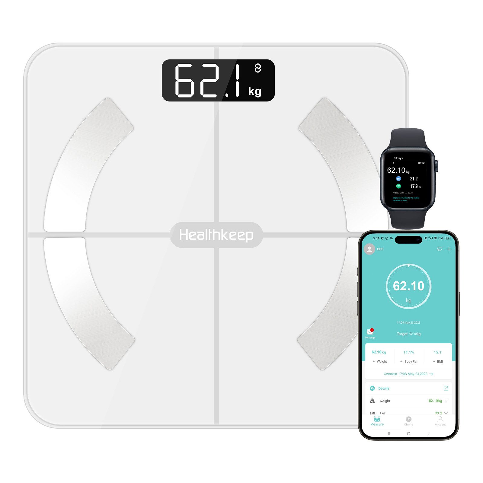 Healthkeep Körper-Analyse-Waage Smart-Waage für 13 Körperdaten Präzise Analyse Bluetooth-Verbindung, Misst 13 Körperdaten und synchronisiert sie mit deiner Smartphone-App, Android und iOS Max. 180kg/400lb/28st