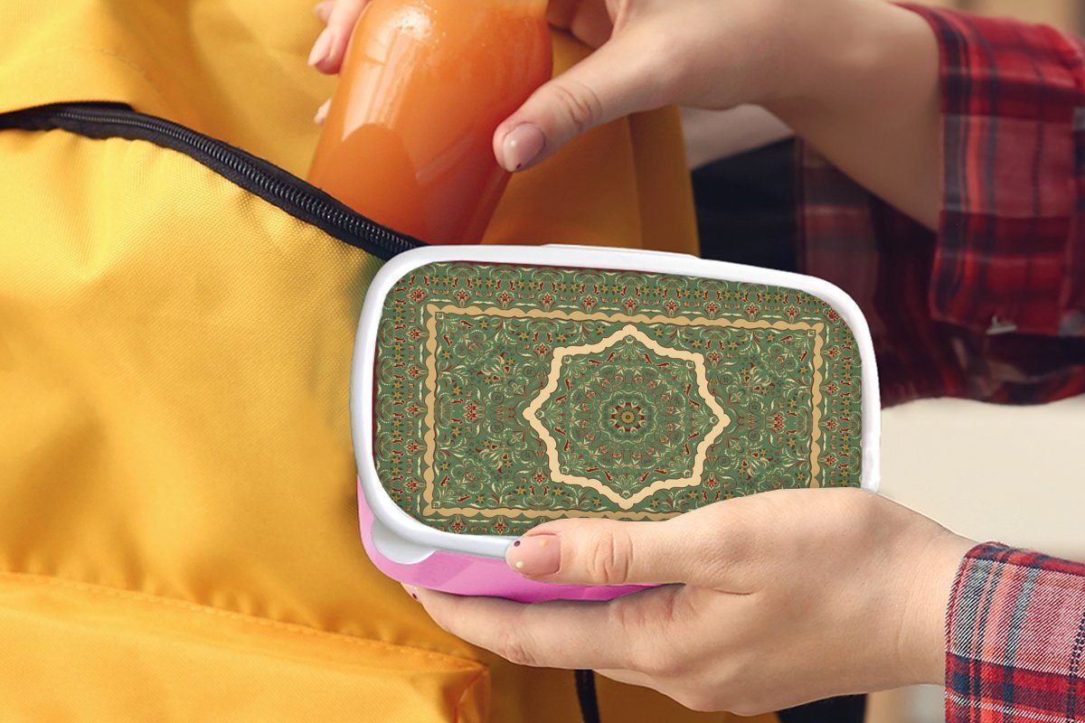 Snackbox, Kunststoff, Mädchen, Kinder, - Teppiche Grün, rosa Erwachsene, Lunchbox Teppiche Brotbox für - Mandala Persische (2-tlg), MuchoWow Kunststoff - Brotdose