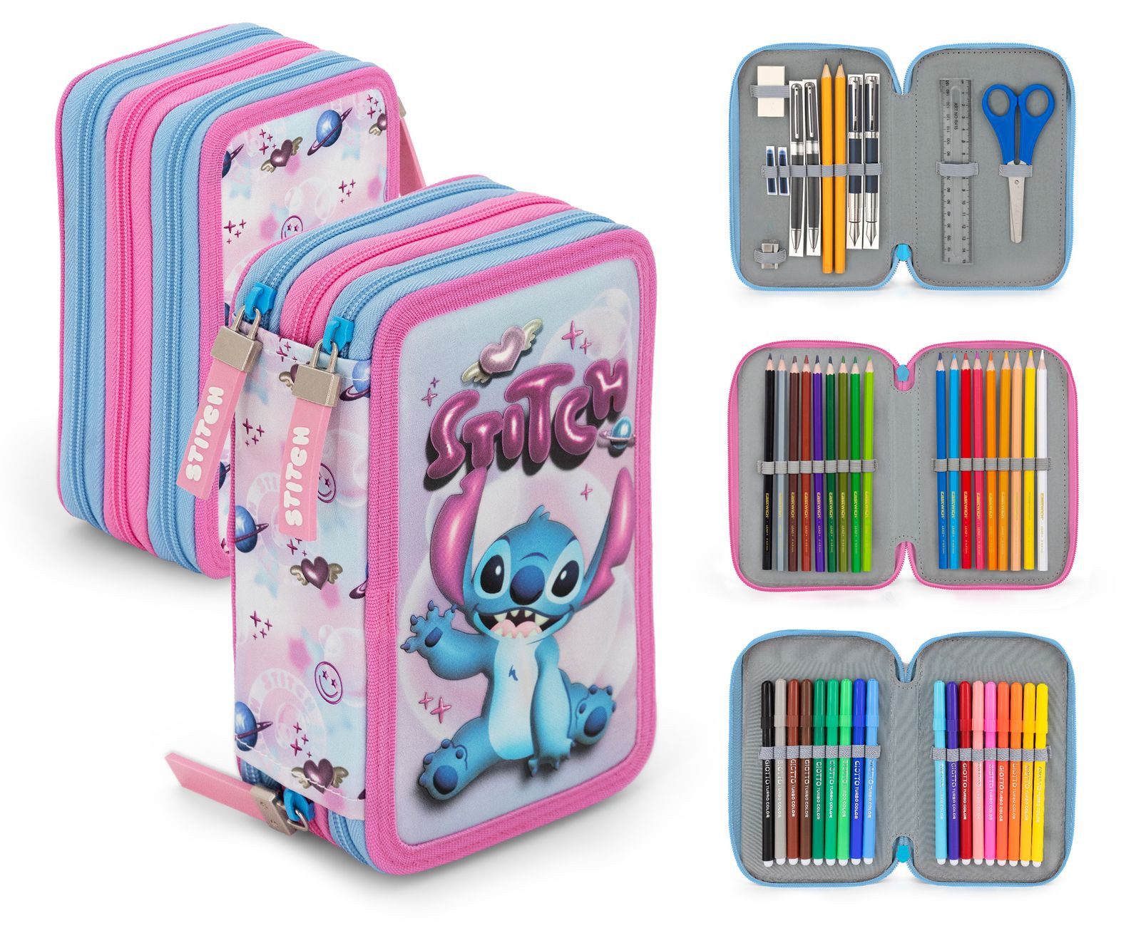 TOP! Federmäppchen Disney Lilo & Stitch - Mäppchen Federmappe, 42 Teile, 3-fach gefüllt, (42-tlg., Mädchen), Reißverschluss