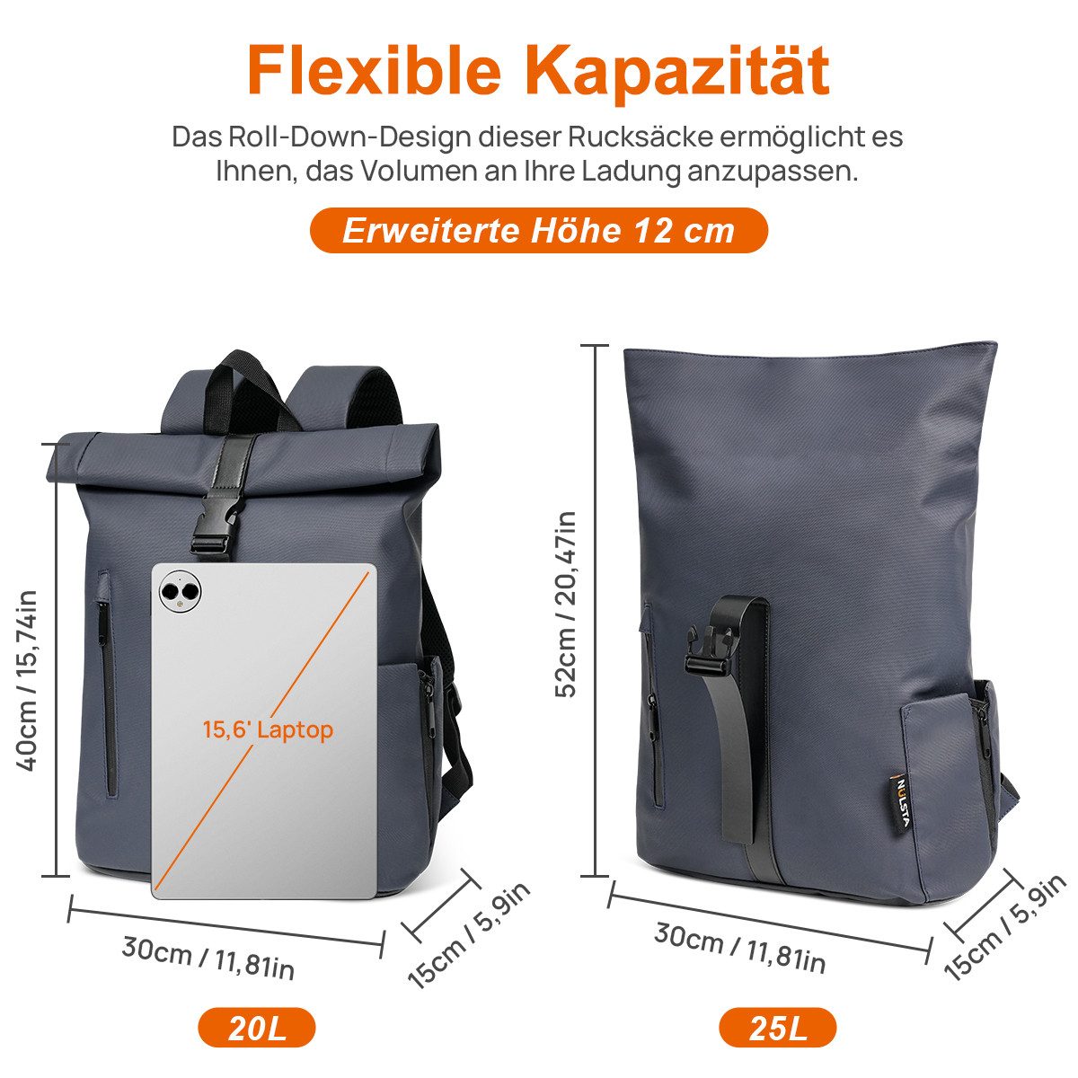 NULSTA Rucksack Rolltop Rucksack Wasserdicht Damen & Herren Daypack Freizeitrucksack, 30*15*40cm,Cityrucksack,Tourenrucksack,Schulrucksack