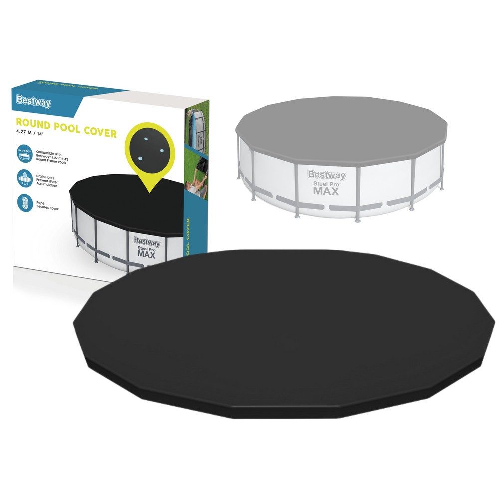 BESTWAY Pool-Abdeckplane Poolabdeckung Schutzplane Rundpoolabdeckung (Spar-Set, 1-St., Ø 427 cm strapazierfähig), Regenlöcher, Spannbänder, Sicherungsseil, PE-Material