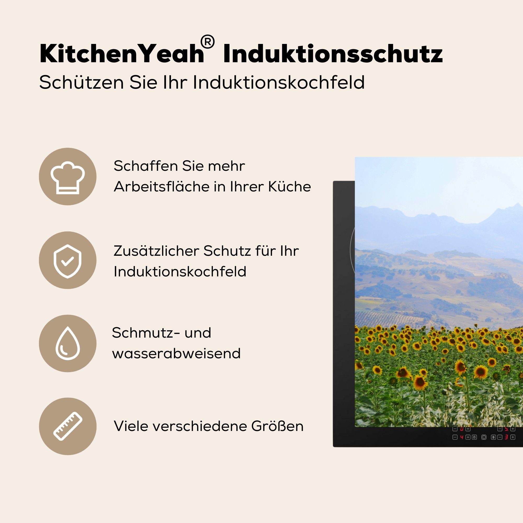 für einem Vinyl, auf die MuchoWow cm, 81x52 tlg), Spaniens, Schutz die Ceranfeldabdeckung Landschaft küche, und Feld Sonnenblumen Herdblende-/Abdeckplatte Induktionskochfeld (1