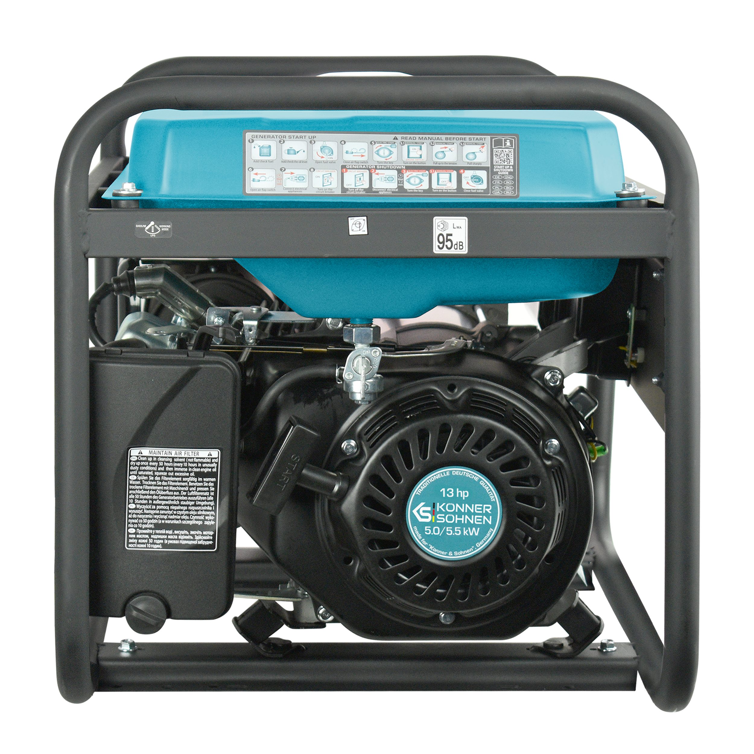 Könner & Söhnen Stromerzeuger KS 7000E-1/3, 5,50 in kW, (VTS-Generator 230V/400V mit E-Start (5.5 kW Max), 1-tlg., Volle 5.5kW Leistung auf 1 & 3 Phasen, 25L Tank, 17 Std. Laufzeit), VTS-System, 100% Kupfer, AVR, CEE 32A/16A Steckdosen
