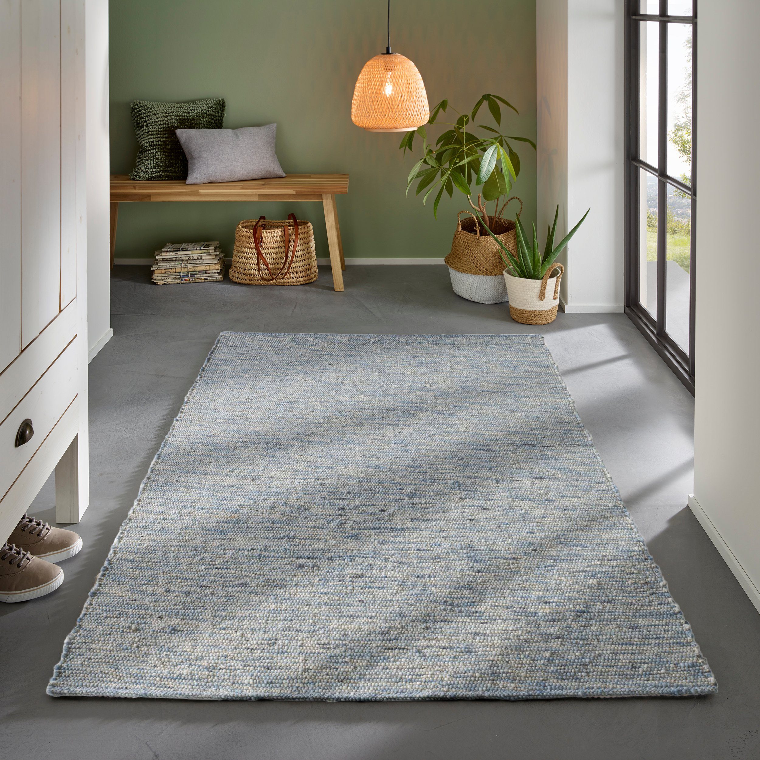 TaCa Home Wollteppich Gewalkter Handweb Woll-Teppich mit zweifarbigem DUO Schuss, rechteckig, Höhe: 9 mm, nachhaltige Schurwolle Wohnzimmer Schlafzimmer, Blau - 70 x 130 cm