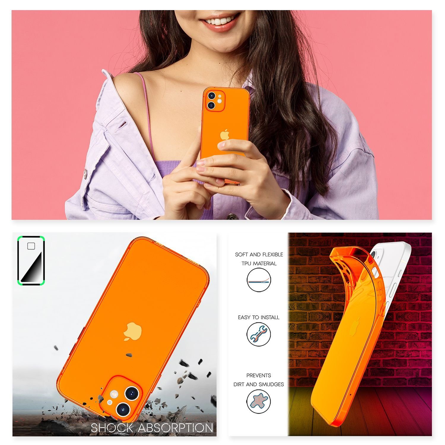 Nalia Smartphone-Hülle Apple iPhone 12 15,5 cm (6,1 Zoll), Klare Neon Silikon Hülle / Bunt Leuchtend / Durchsichtig / Flexibel