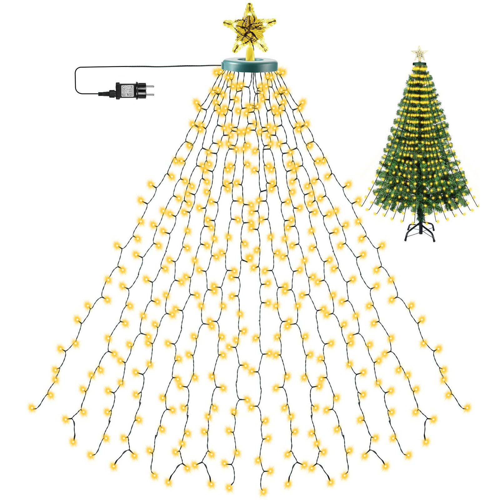 SERBASIC Lichterkette Christbaumbeleuchtung mit Ring und Stern, 2M/3M, 8 Modi,Timer, Warmweiß LEDs Lichterkette Überwurf für Inne&Außen Weihnachtsbaum