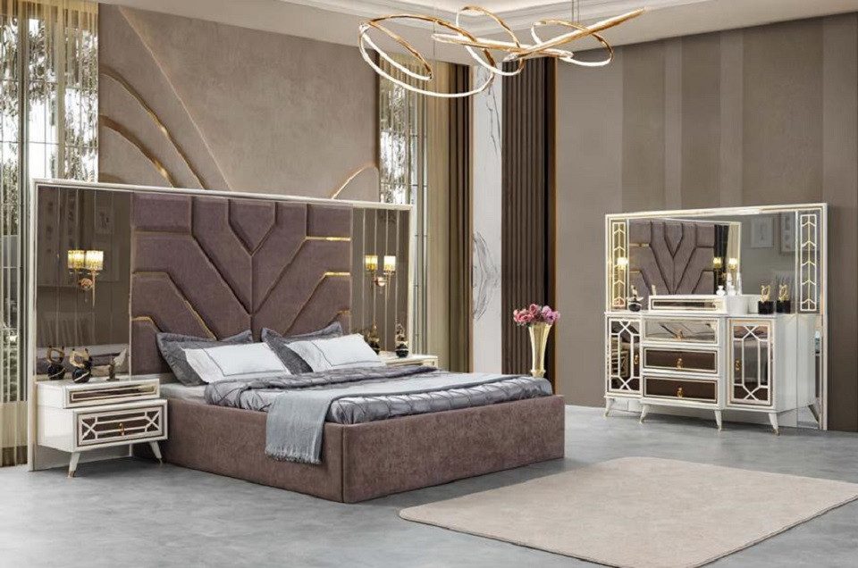 Schlafzimmer-Set Bett Kommode mit Spiegel 2x Nachttische Edelstahl Gold Luxus Möbel