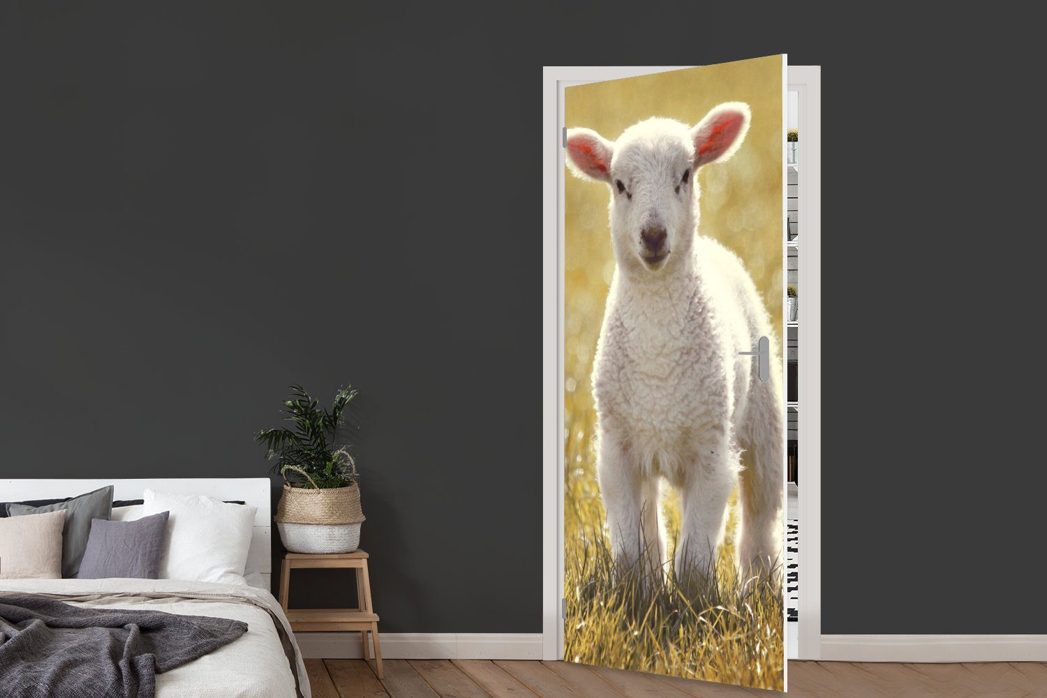 MuchoWow Türtapete Schafe - Gras St), cm Matt, bedruckt, (1 Türaufkleber, für Tür, - Sonne, Fototapete 75x205