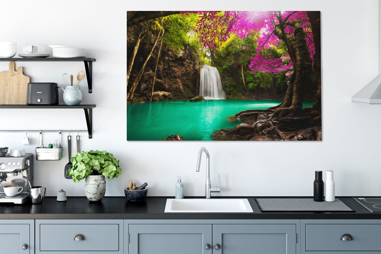 - Leinwandbild - Wohnbereiche, Wandbild Bäumen XXL, (1 cm Dschungel, für Blumen großes, bunten St), OneMillionCanvasses® Gemälde, 120x80 Natur und alle mit Wasserfall