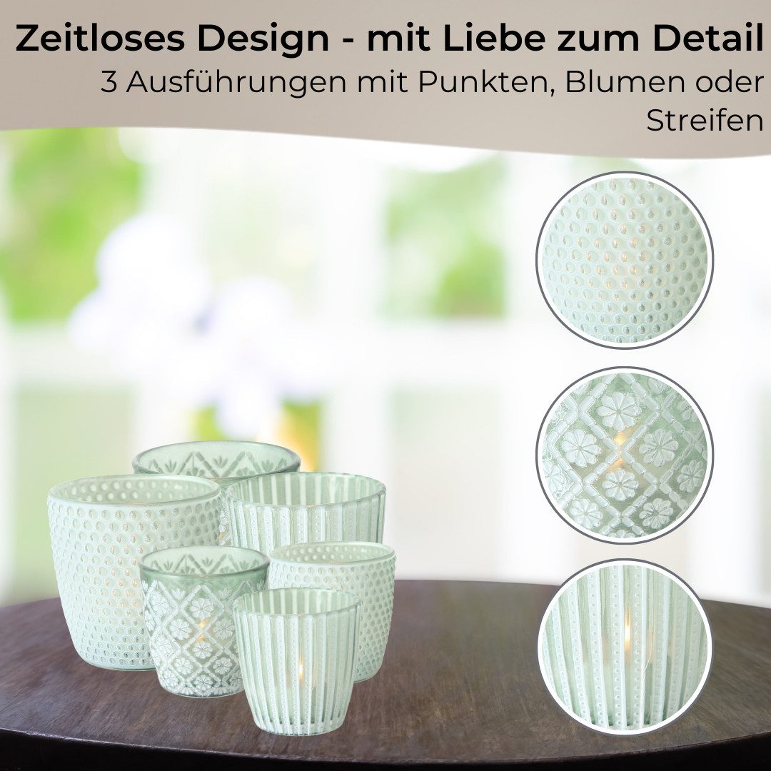 Topanbieter999 Windlicht (6tlg), Glasdesign Teelichthalter im Retrodesign Höhe 6,5 cm / 8,5 cm