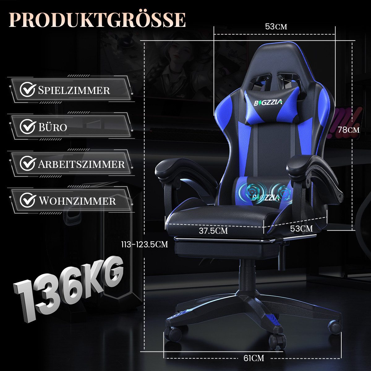 ZAISZE Gaming-Stuhl Schreibtischstuhl, Ergonomischer Bürostuhl mit Massagefunktion (PC Stuhl mit Fußstütze Kopfstütze Lendenkissen), Höhenverstellung Neigung 90 – Bild 2 von 5