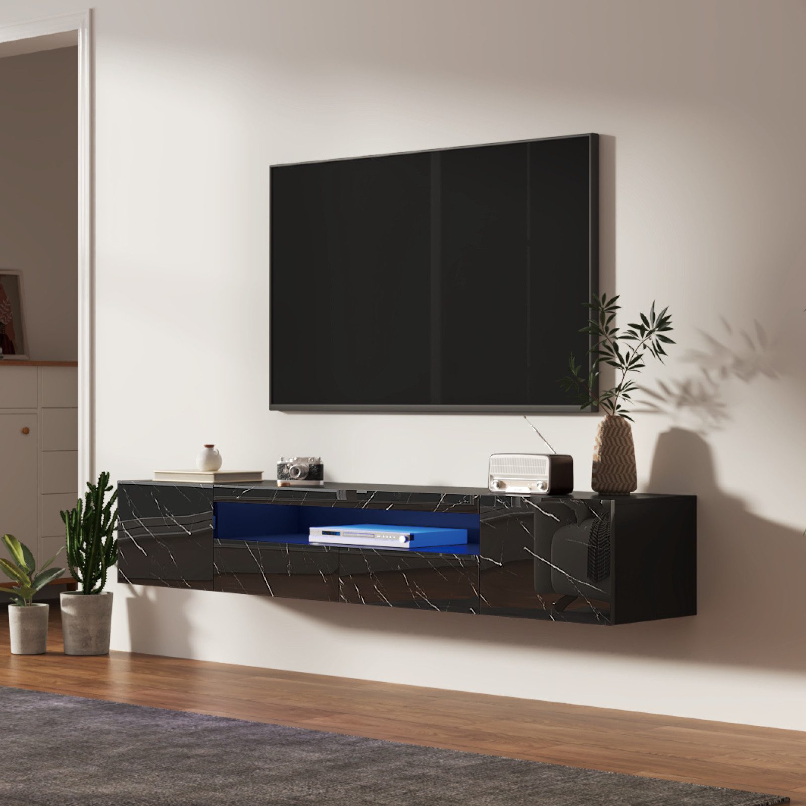 radelldar Lowboard 180cm Hochglanz mit LED-Beleuchtung und Stauraum (1 St), hängender TV-Schrank für Fernseher bis 85 Zoll – Bild 4 von 5