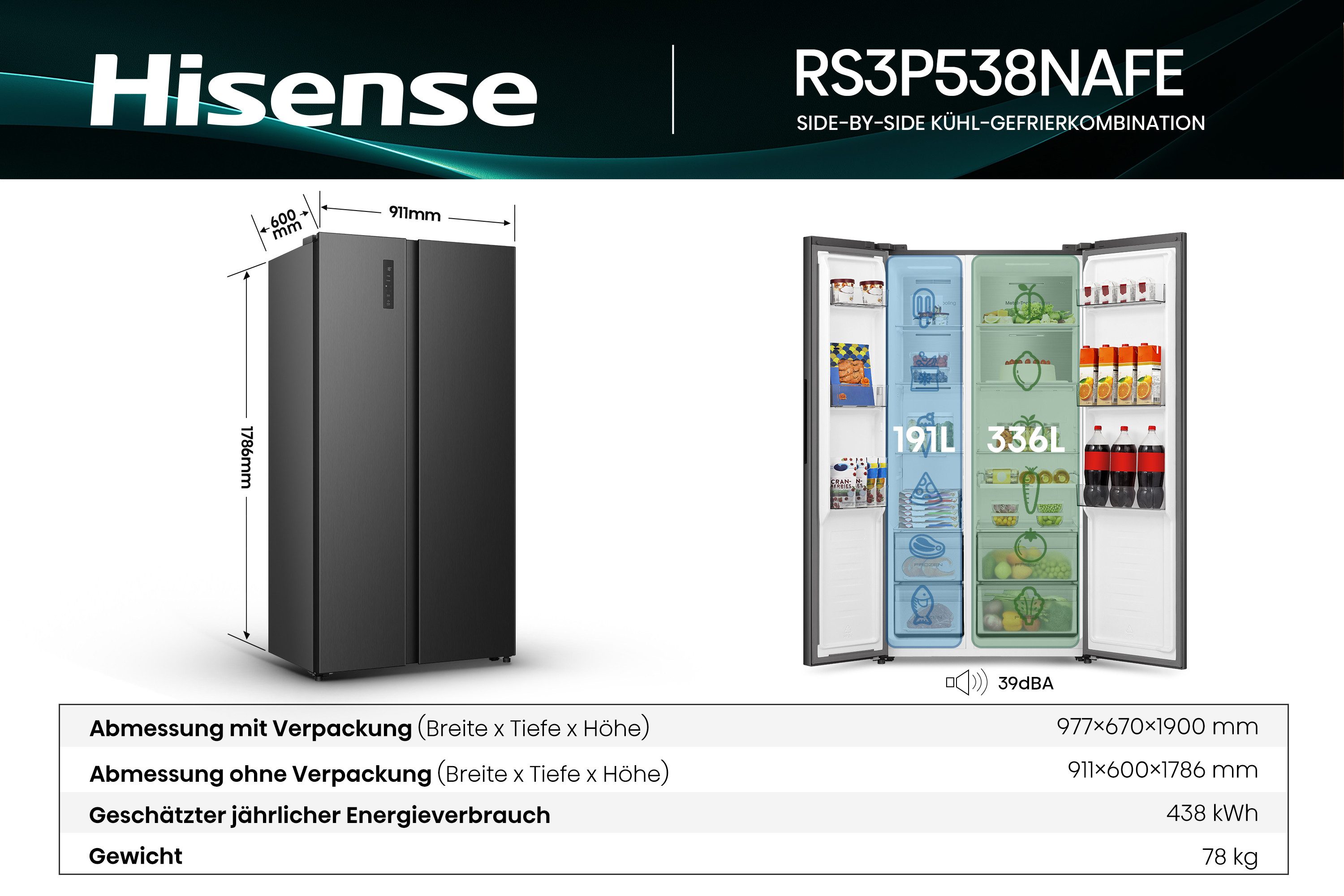 Hisense Side-by-Side RS3P538NAFE, 178,6 cm hoch, 91,1 cm breit, einfacher Side by Side mit Premium-Ausstattung