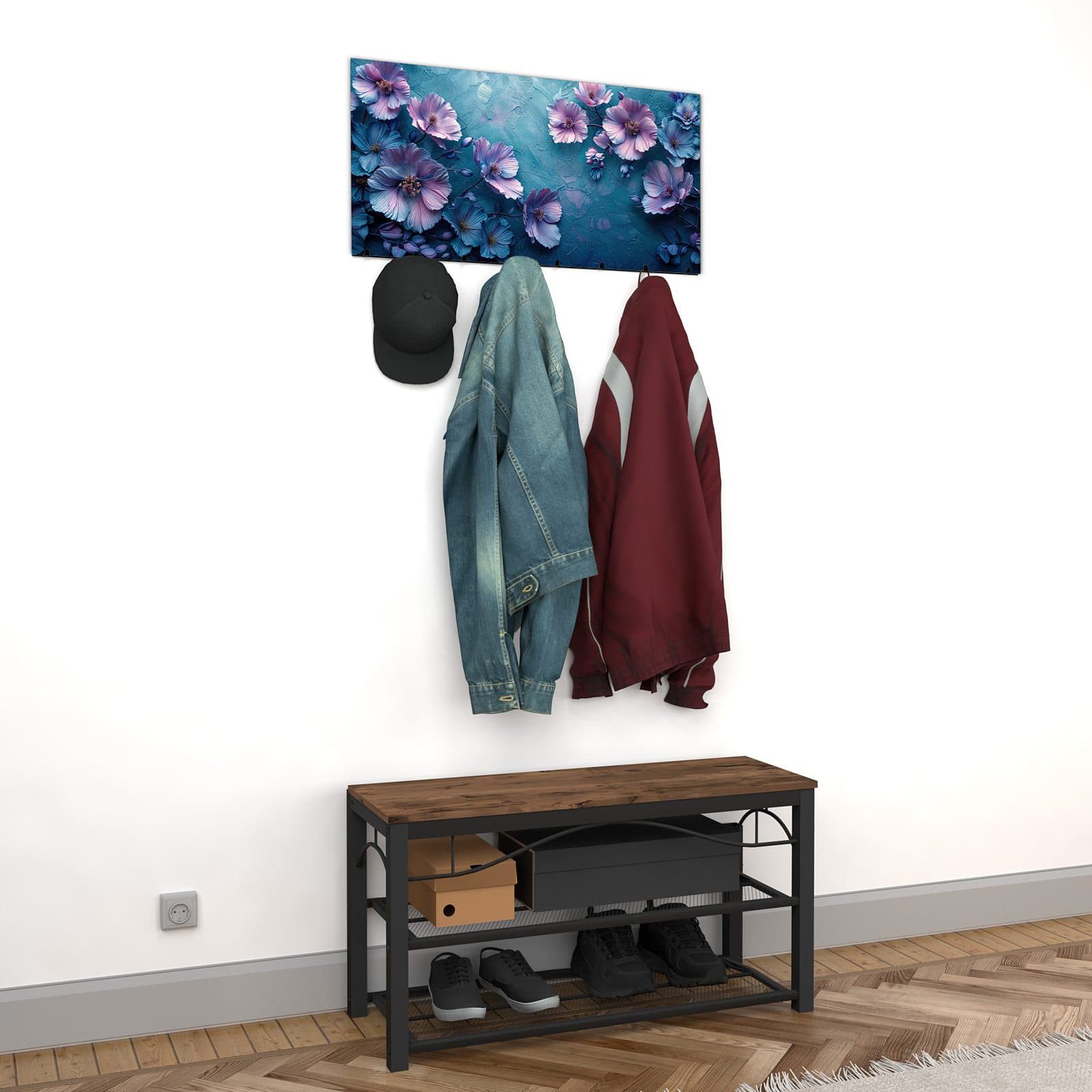 Primedeco Garderobenpaneel Kleiderhaken aus Glas Blumenmuster (1 St., Inkl. Magnete, Stifte und Montagematerial), Magnetisch & Beschreibbar