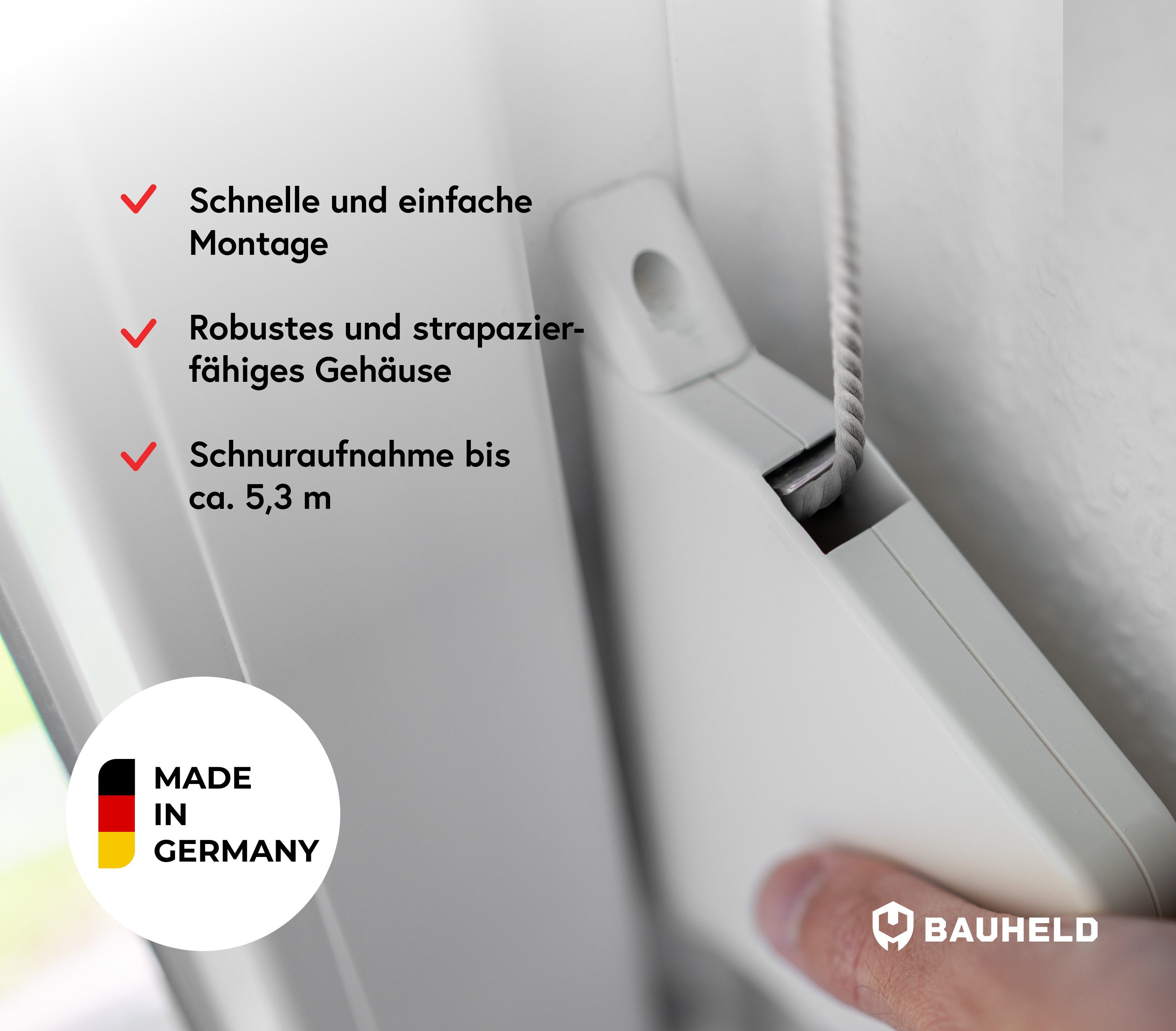 BAUHELD Rollladen-Schnurwickler Gurtwickler Rolladen Aufputz, Gurtbreite 4 mm, ohne Rollladenschur, mit Rollladenschnur, Lochabstand 153mm, Schnurbreite 4,0 - 4,5mm