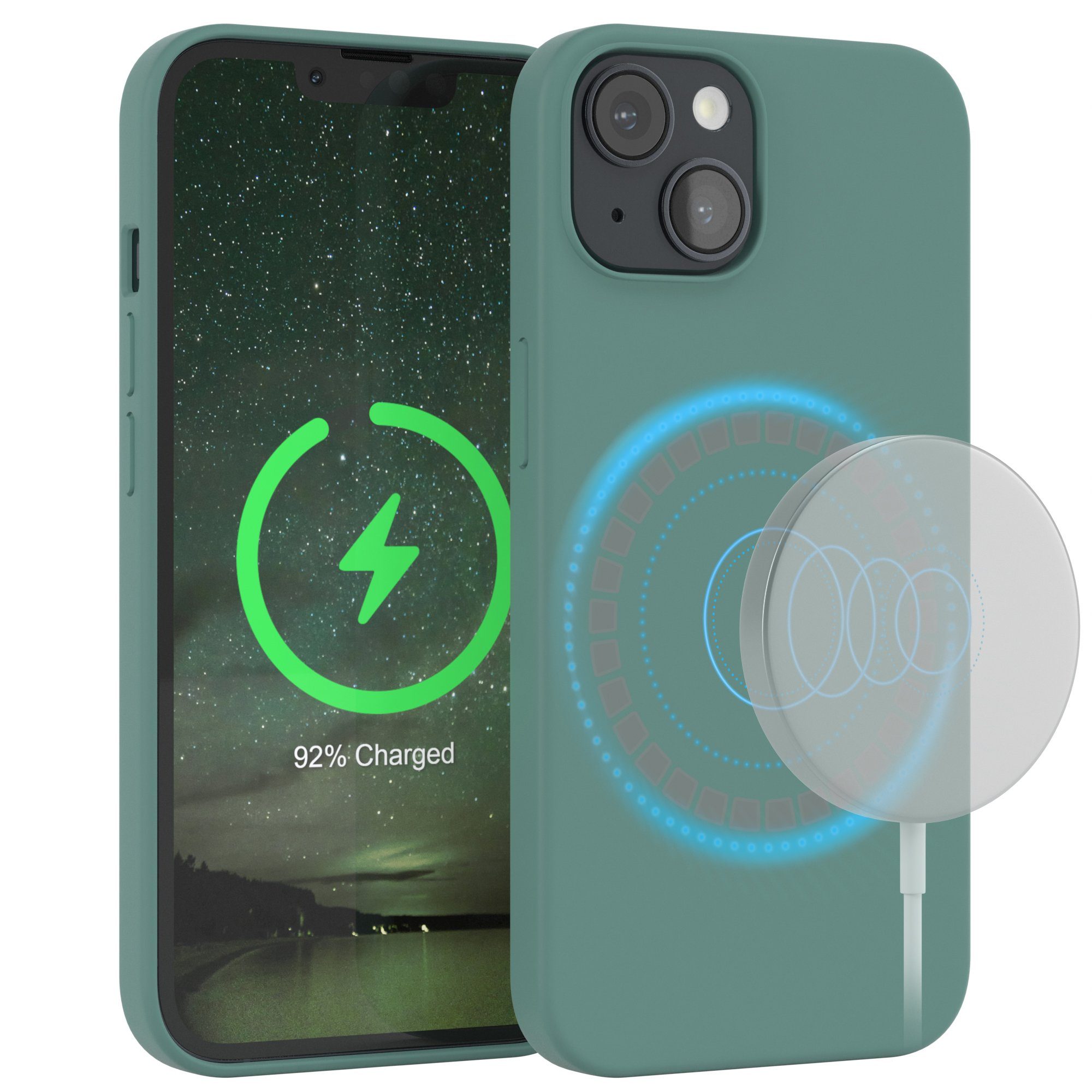EAZY CASE Handyhülle Silikonhülle mit MagSafe für Apple iPhone 14 6,1 Zoll, Smart Slimcover Displayschutz Handycover Hülle mit MagSafe Dunkelgrün