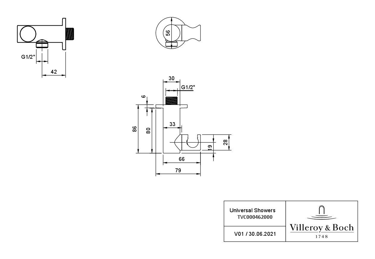 Villeroy & Boch Brausehalter Black Schlauchanschluss - Showers, Universal mit Handbrausehalter, Rund, Matt