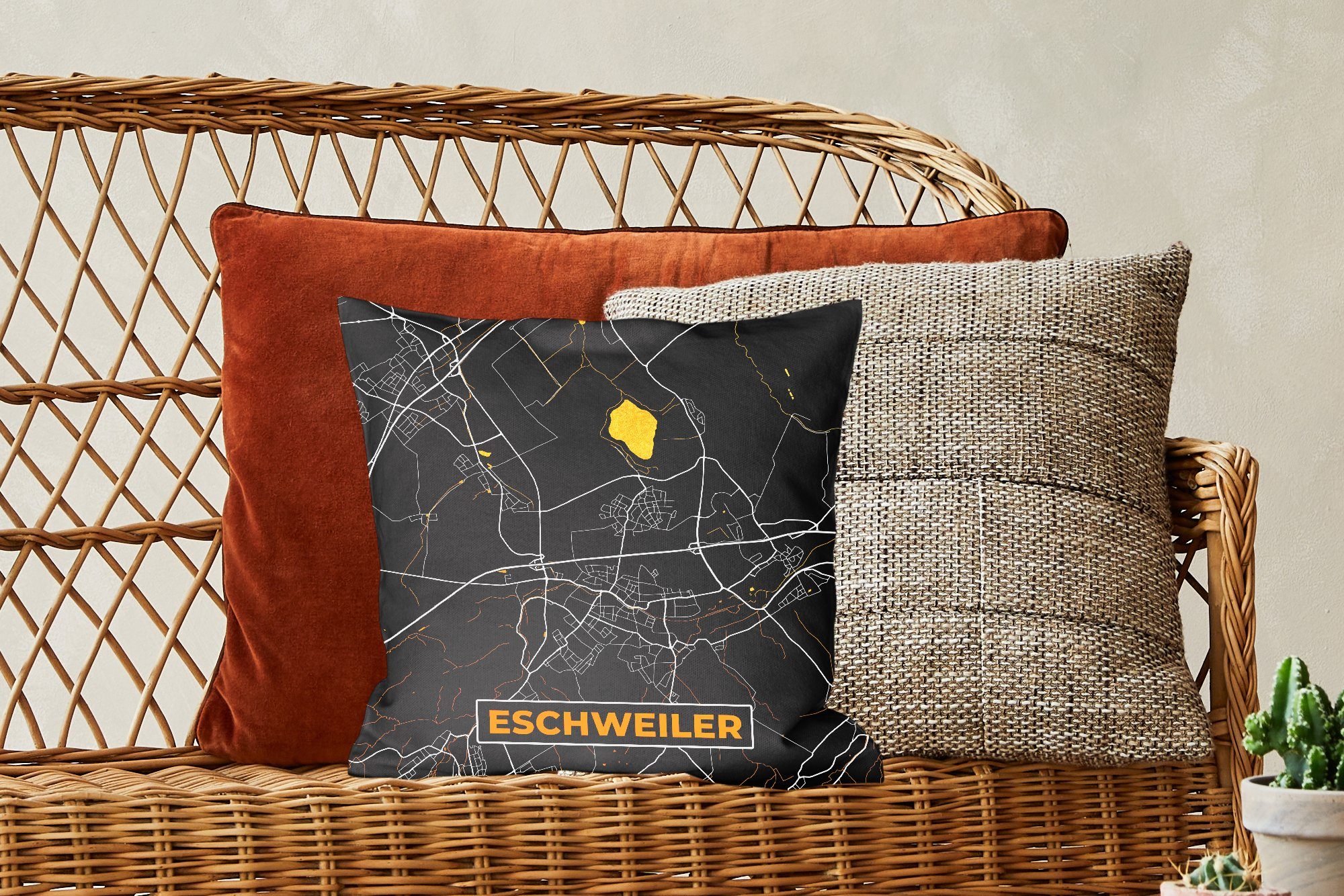 Stadtplan für und - - Füllung Dekokissen Sofakissen Deko, Gold Schwarz Eschweiler mit Schlafzimmer, MuchoWow - Wohzimmer, - Deutschland Karte, Zierkissen