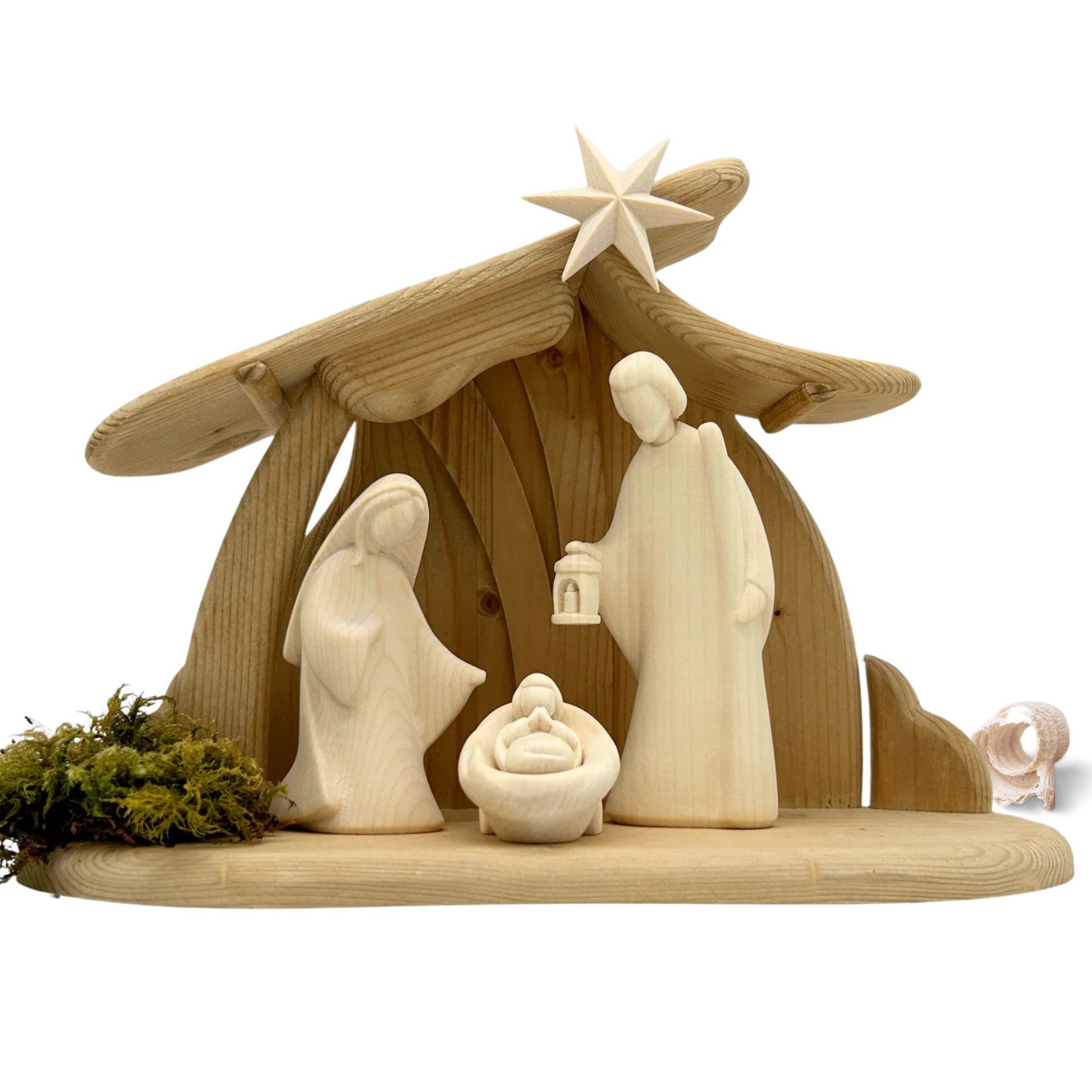 Akantus Krippe Weihnachtskrippe aus Holz: Hl. Familie (natur) mit Familienstall, holzgeschnitzt, Ahornholz, Made in Südtirol