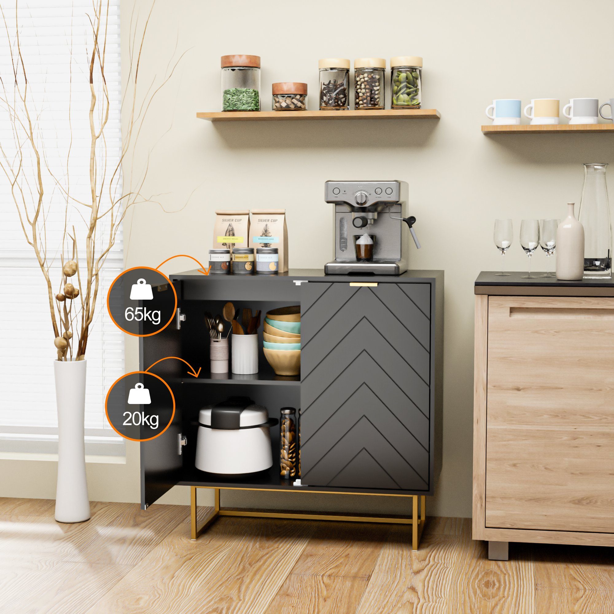 UEV Sideboard Kommode mit 2 Türen & Verstellbaren Ablagen & Metallfüße 80x40x77,5cm (mit Kippschutz), Küchenschrank Mehrzweckschrank für Flur Wohnzimmer Schlafz – Bild 5 von 5