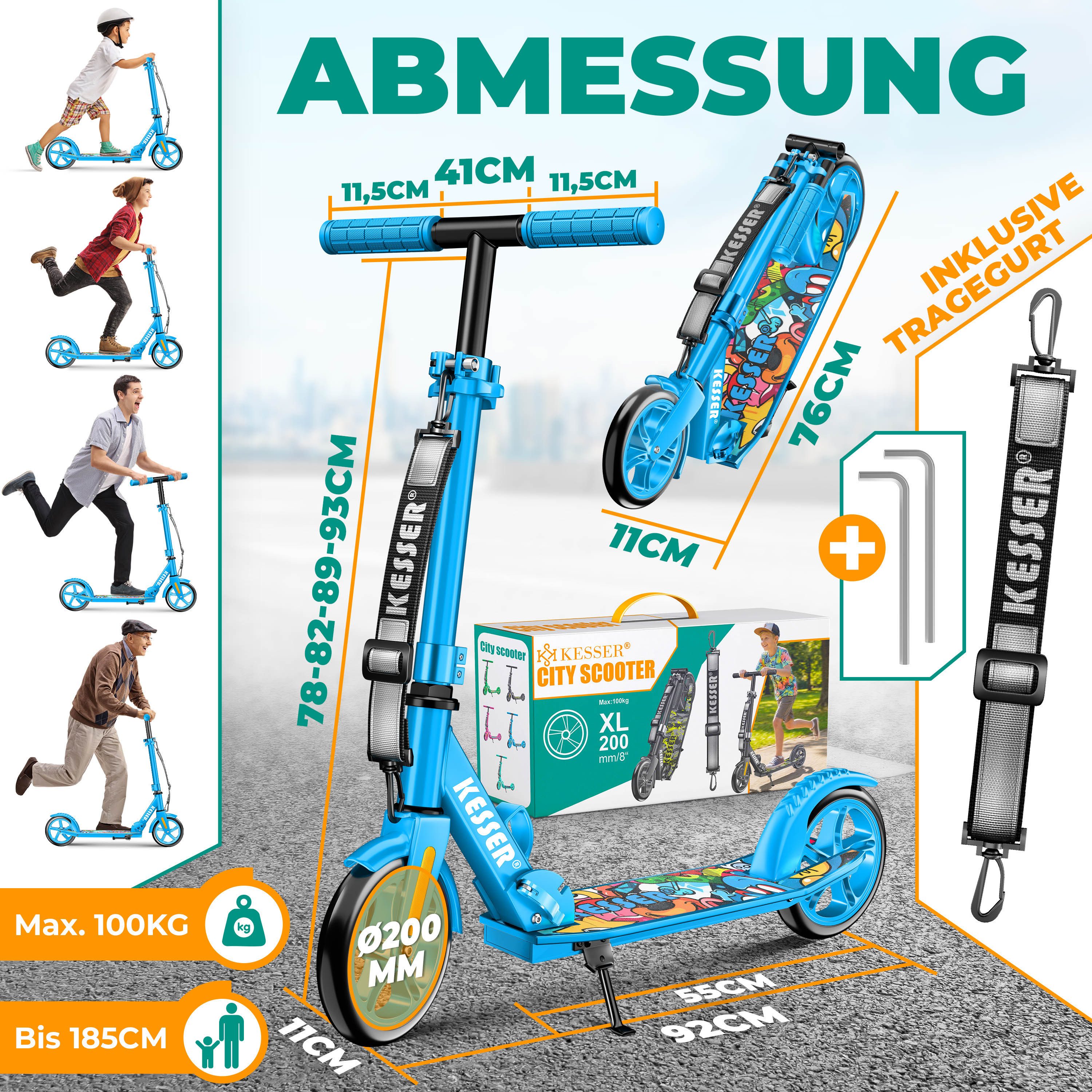 KESSER Scooter Citysooter mit Hinterradbremse & rutschfeste Trittfläche, Kinderroller bis 100kg & 185cm Körpergröße, klappbar höhenverstellbar