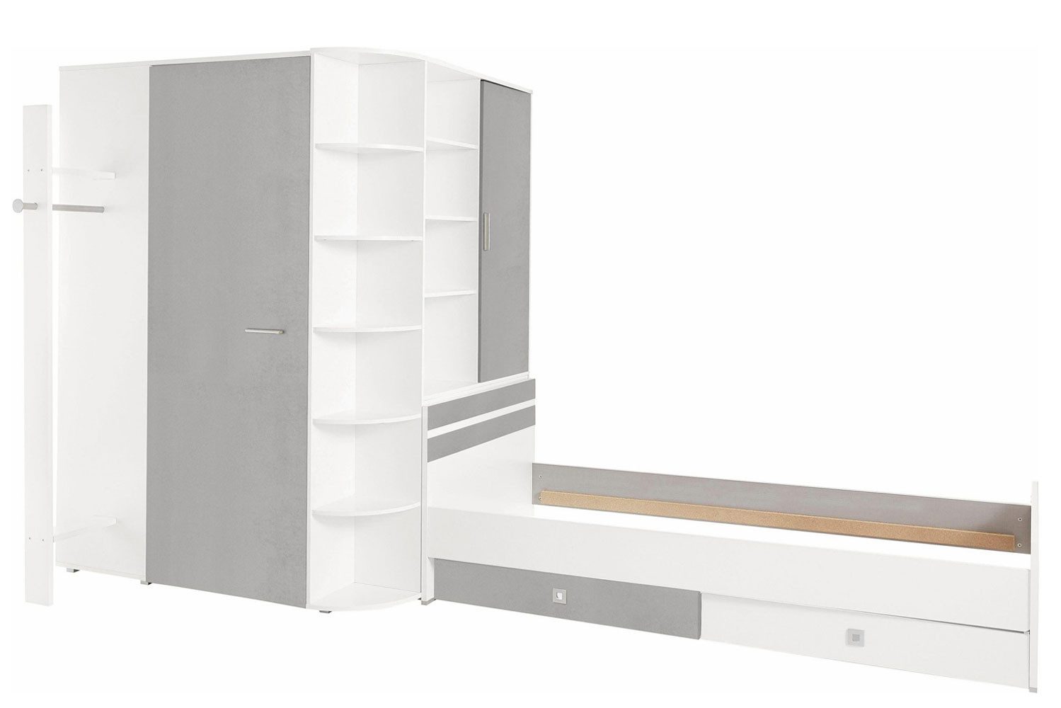Wimex Jugendzimmer-Set Joker, (mit Falttüren, mit Hacken, mit Einlegeböden, mit Fächern, 4-tlg., moderner Optik, mit Eckschrank, Bett, Bettschubladen und Garderobe), 4-teilig weiß beton lichtgrau