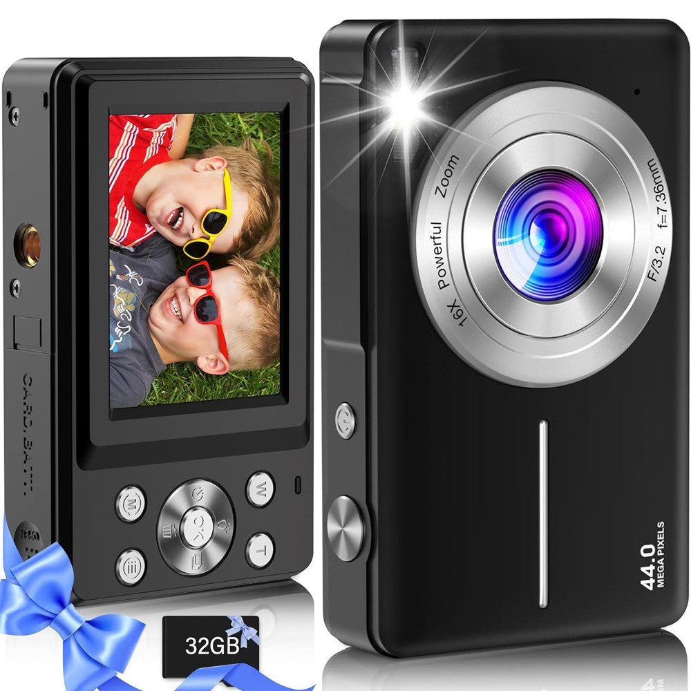 Bedee 1080p Mini Digitalkamera Fotokamera Kompaktkamera (F/3,2 f=7,36 mm, 44 MP, 16x opt. Zoom, inkl. mit 32 GB Karte Objektiv: F/3,2 f=7,36 mm, Digitalzoom Kompaktkamer für Einsteiger Teenager und Studenten)