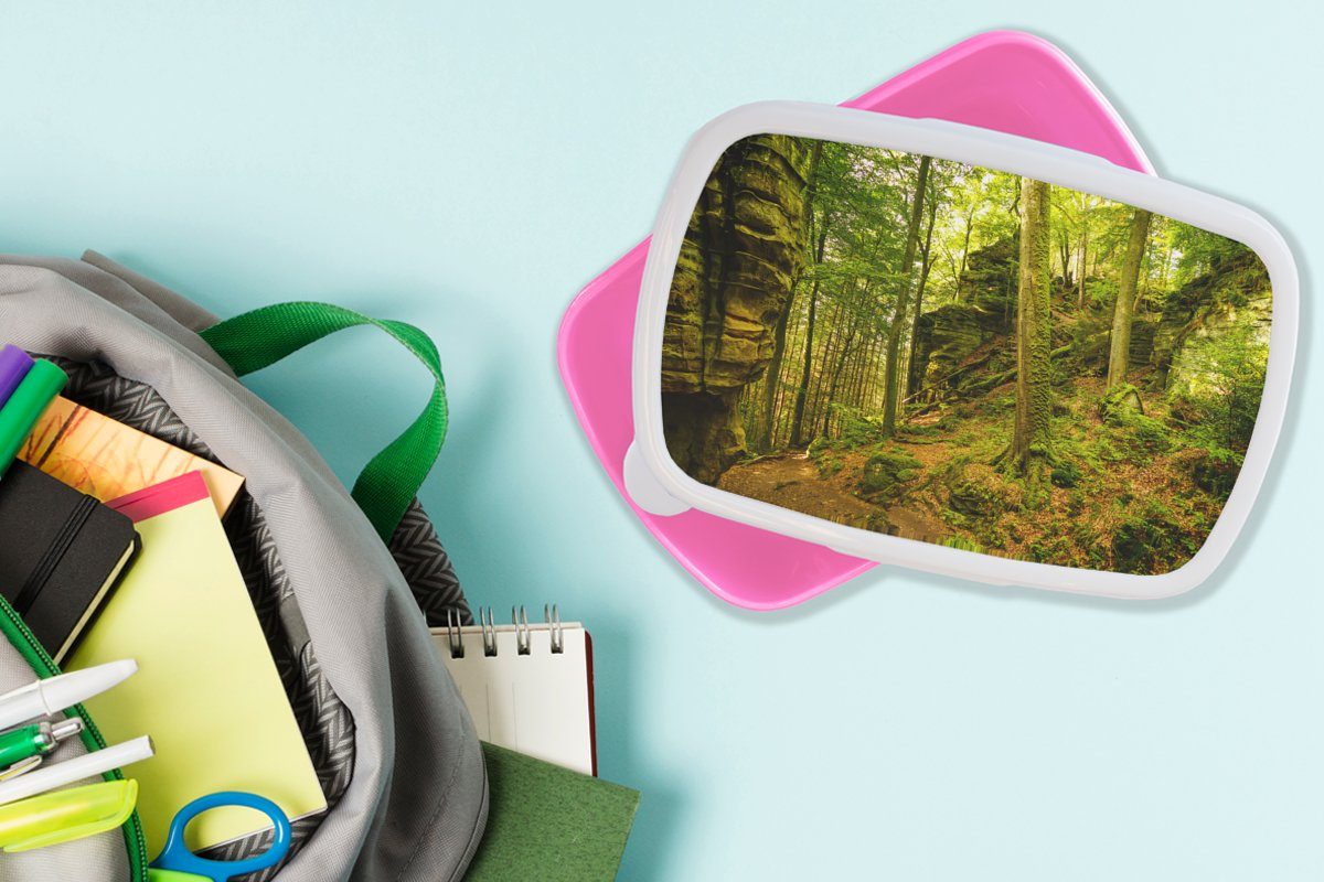 MuchoWow Lunchbox Bäume - Stein - Wald rosa Erwachsene, Kinder, Kunststoff, Kunststoff Brotbox für Natur Pflanzen, - - (2-tlg), Snackbox, Brotdose Mädchen