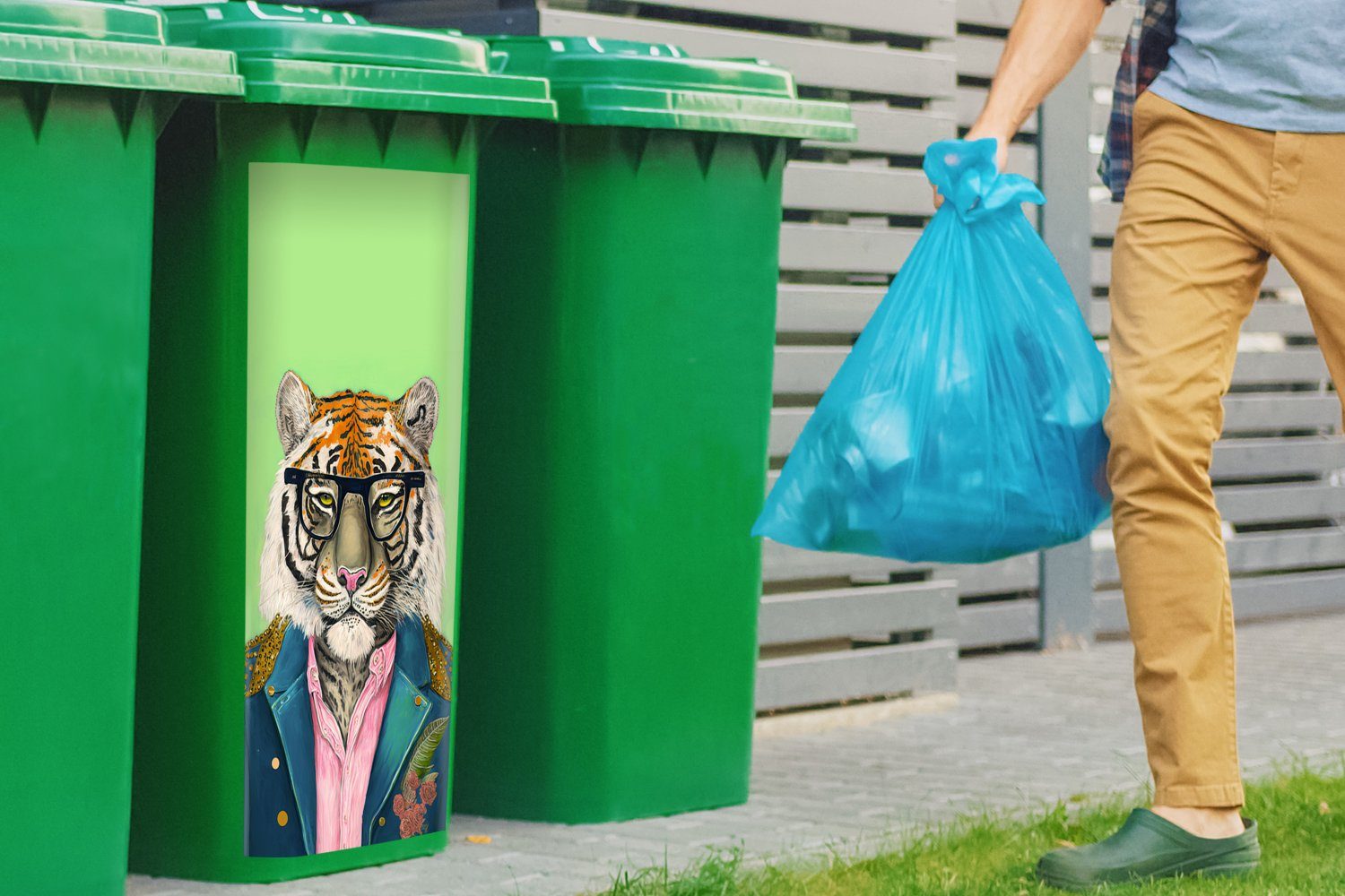 Mülltonne, (1 MuchoWow Brillen Sticker, Tiere - Mülleimer-aufkleber, St), Tiger Blumen - - Safari Abfalbehälter - Wandsticker Container,