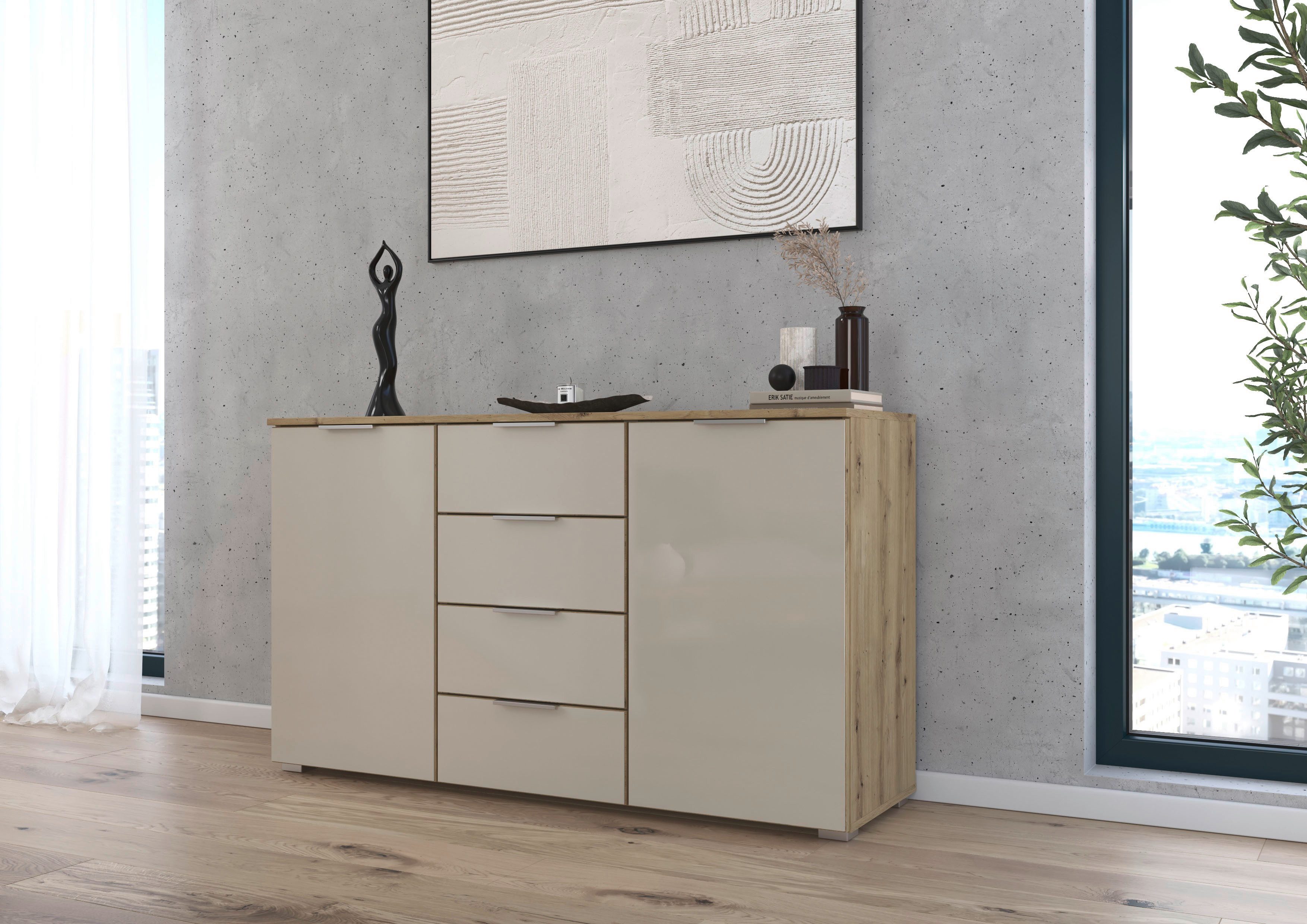 OTTO home Kombikommode Sideboard Kombikommode Schubladenkommode AGORDO mit Glasfront (in zwei Griff-Farben, Breite 120 cm), vier große Schubladen, mit insgesamt 4 Einlegeböden MADE IN GERMANY