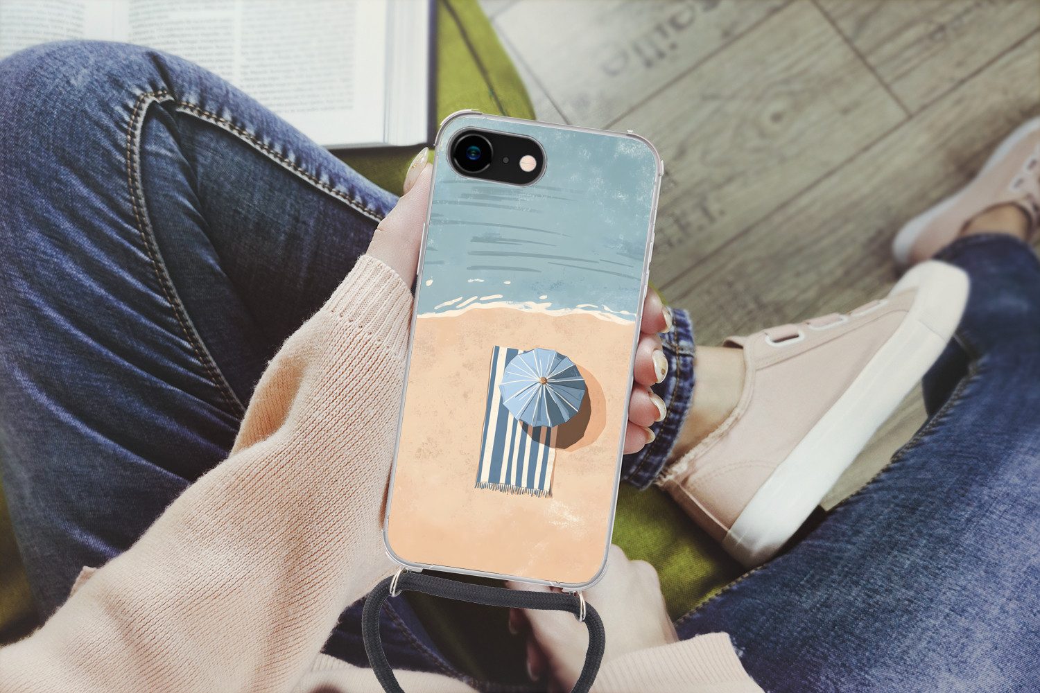 MuchoWow Handyhülle für Apple iPhone 7 Strandtuch - Streifen - Sonnenschirm - Strand, Tragbare Handyhüllen mit Kette zum umhängen, Handykette Handyband