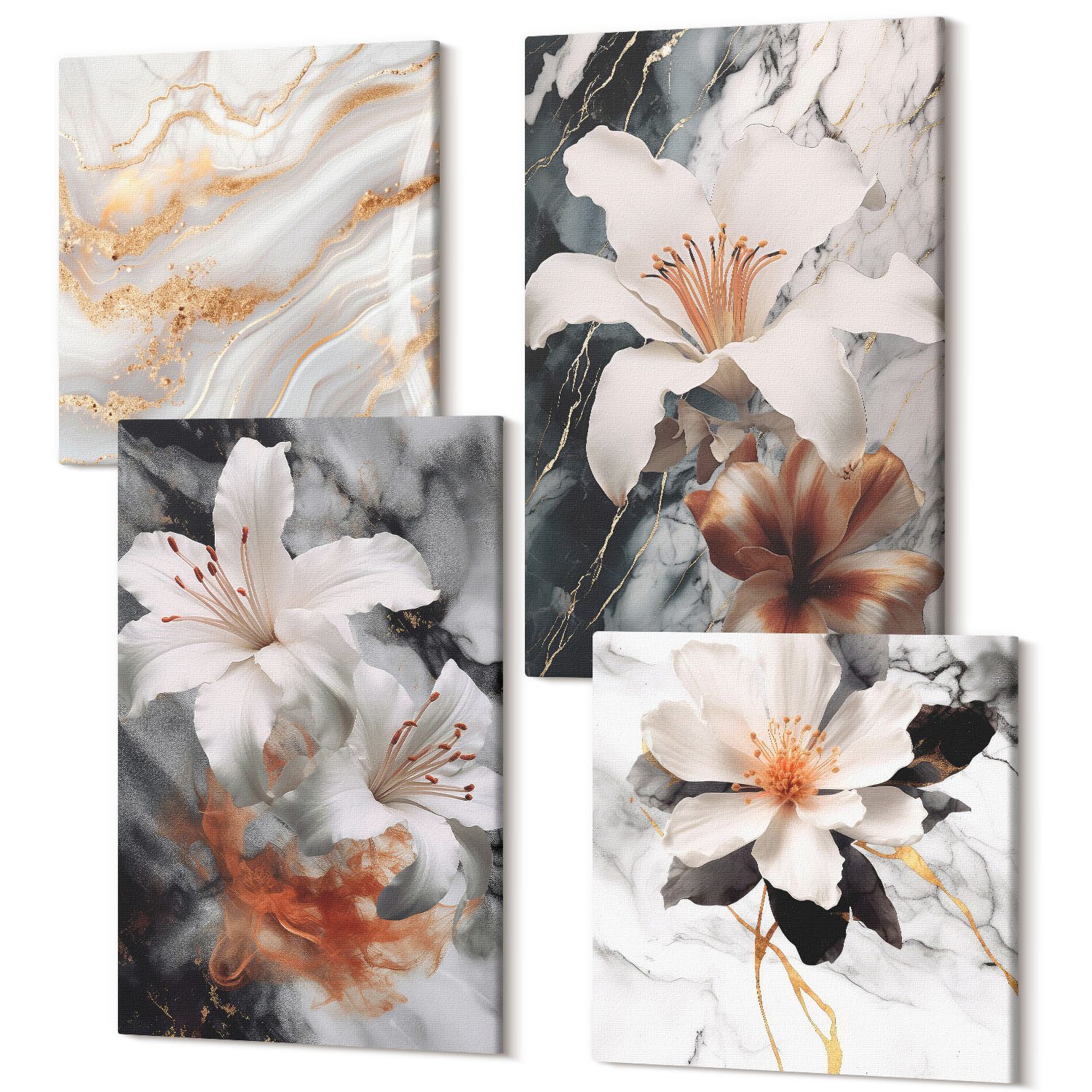 Tulup Mehrteilige Bilder Wandbild 4 Wandbilder Grau Set Wohnzimmer, (4 St), Blumen Marmor weiß schwarz, Blumen Und Pflanzen Motiv
