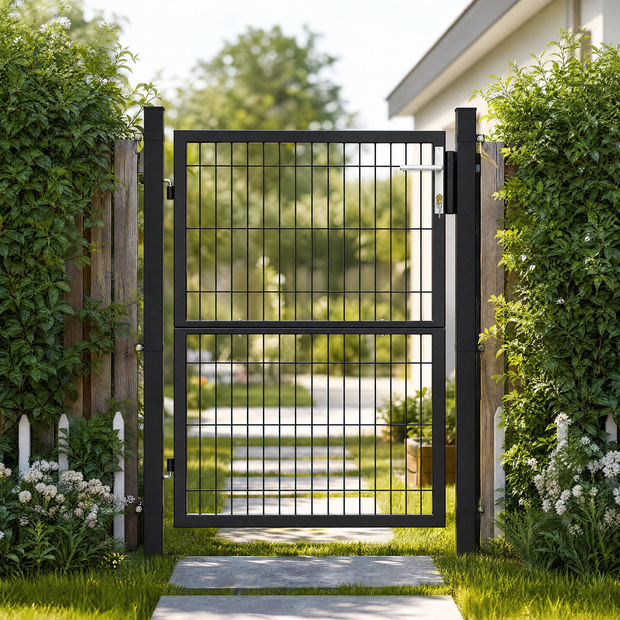 SONGMICS Gartentor Gartentür Zauntür Zauntor Gartenzaun mit Schloss, verzinkter Stahl, abschließbar, Tür 106×100/125/150/160/180cm (B×H)