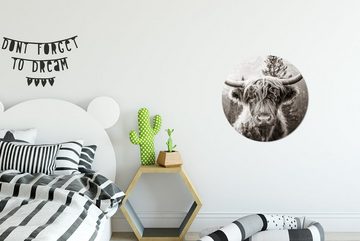 MuchoWow Wandsticker Schottischer Highlander - Kuh - Tiere - Schwarz - Weiß (1 St), Tapetenkreis für Kinderzimmer, Tapetenaufkleber, Rund, Wohnzimmer