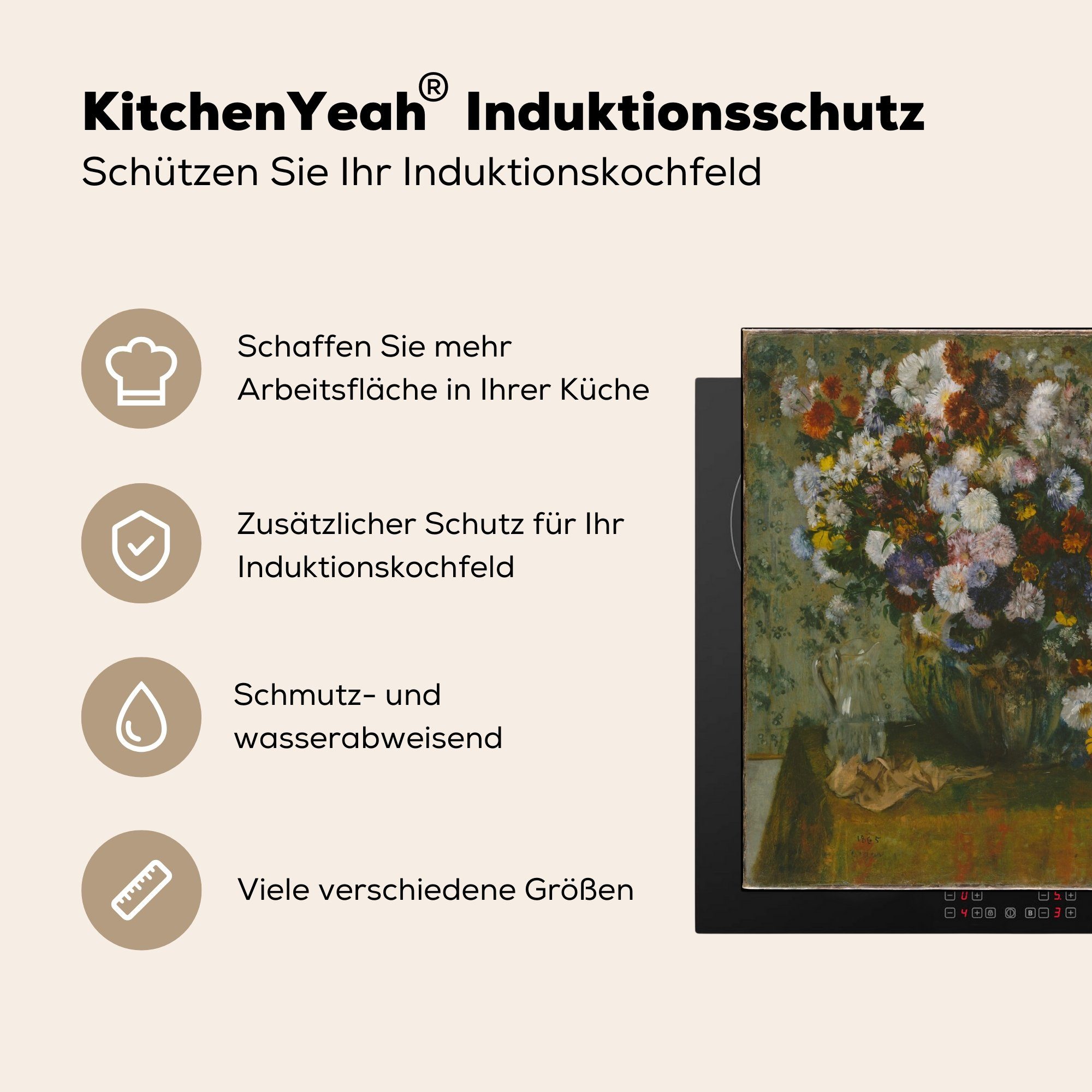 MuchoWow Herdblende-/Abdeckplatte Sitzende Frau Chrysanthemen Mobile nutzbar, einer 60x52 Arbeitsfläche von - Vase tlg), Gemälde cm, mit (1 Ceranfeldabdeckung Edgar, neben Vinyl