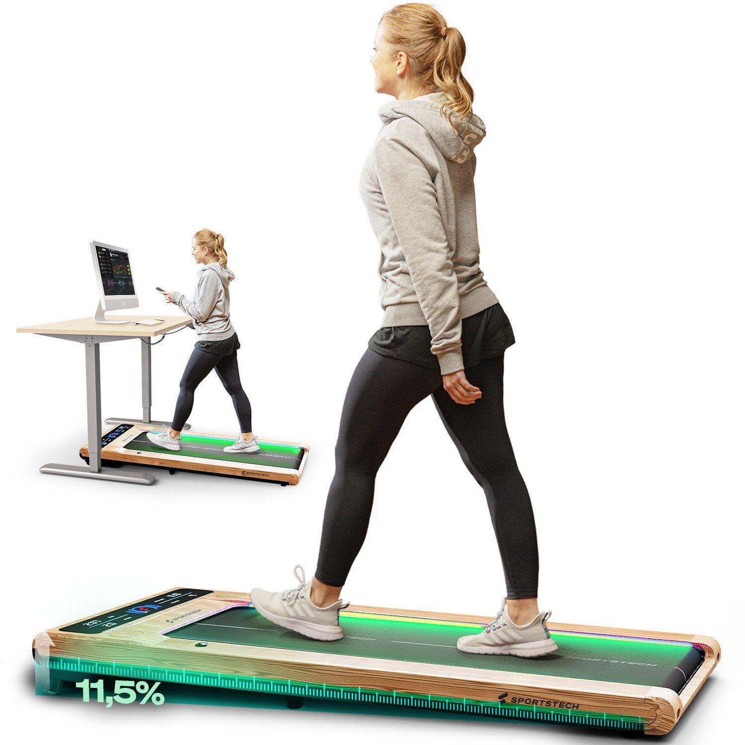 Sportstech Laufband sWalk, bis 8 km/h, Steigung 7,5%, Trainingsprogramme, LED Tempolicht