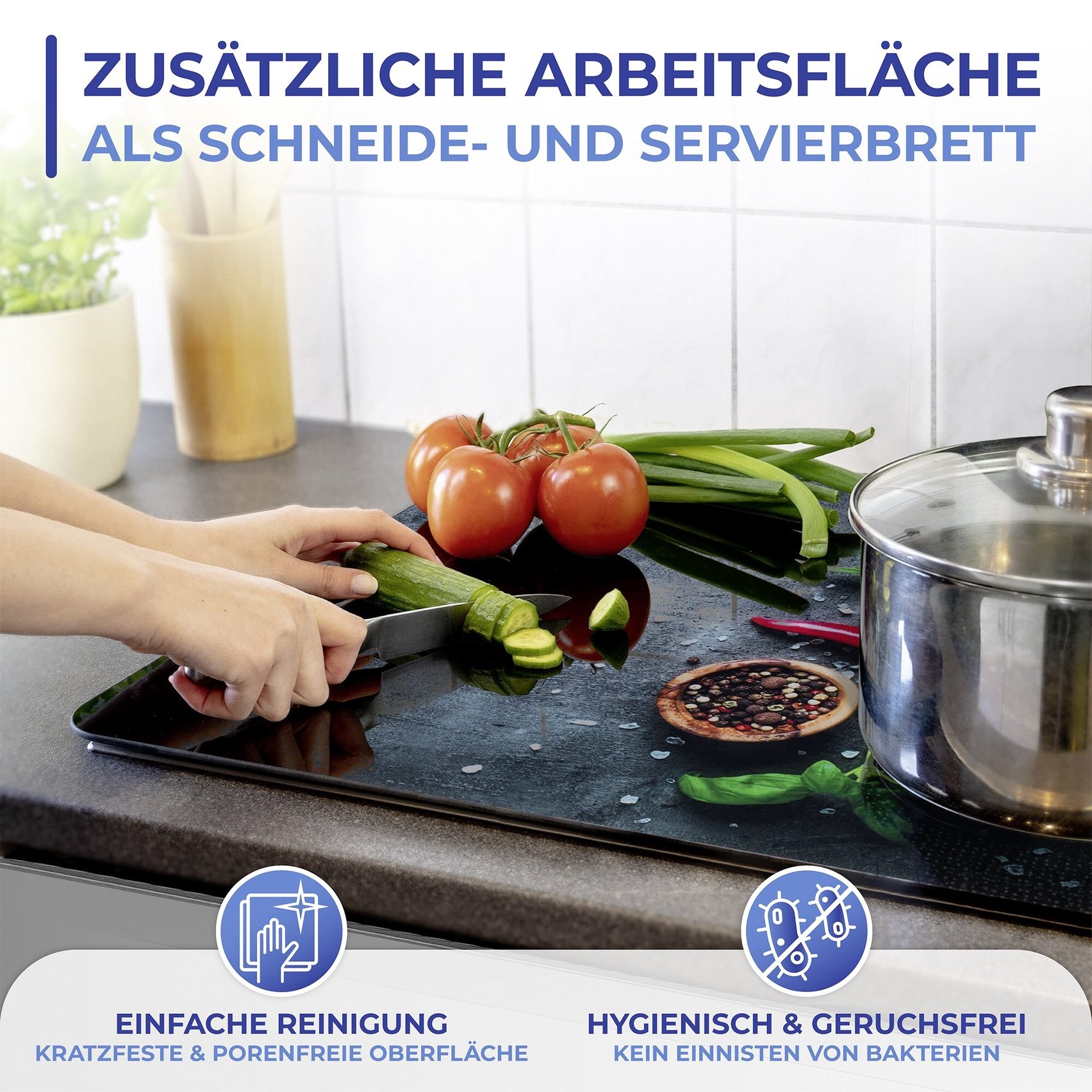 Maximex Schneide- und Abdeckplatte Modell Rosmarin, Glas, Spritzschutz, Herdblende, Schneidbrett, für Glaskeramik-Kochfelder