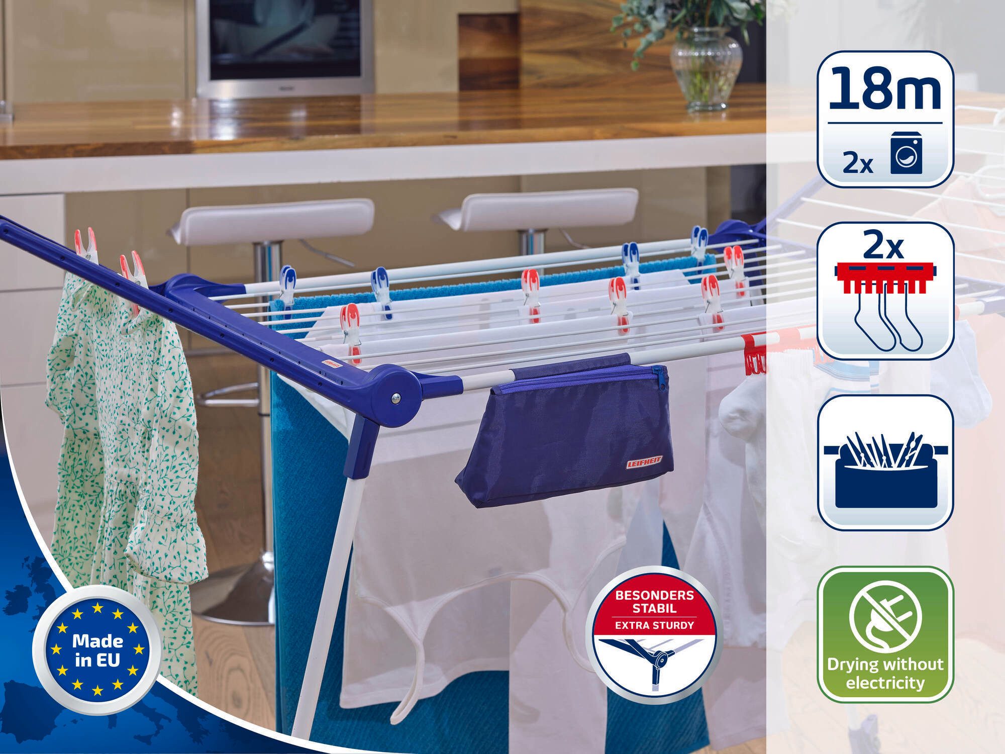 Leifheit Wäscheständer Standtrockner Pegasus 180 Solid Plus, 18m Trockenlänge, 105cm Flügelhöhe, Kleinteilehalter, zusammenklappbar