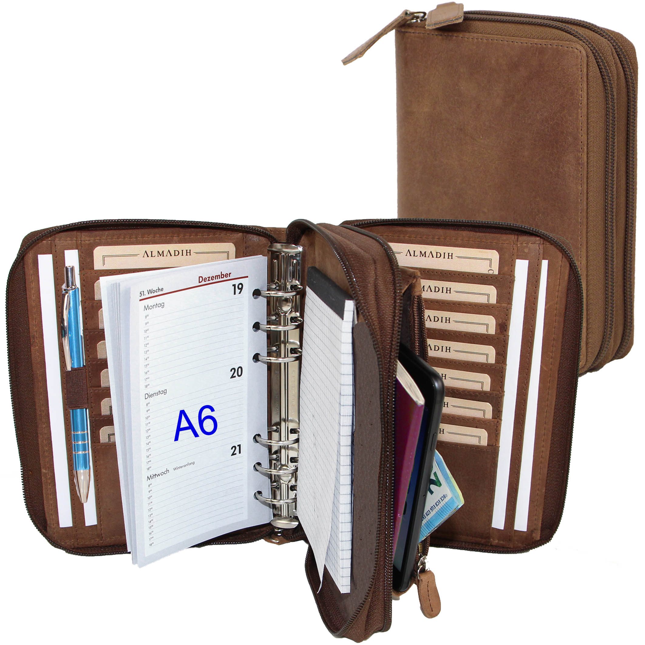 ALMADIH Konferenzmappe Ledermappe A6 Kombimappe Leder Organizer 2026 2027 braun, schwarz