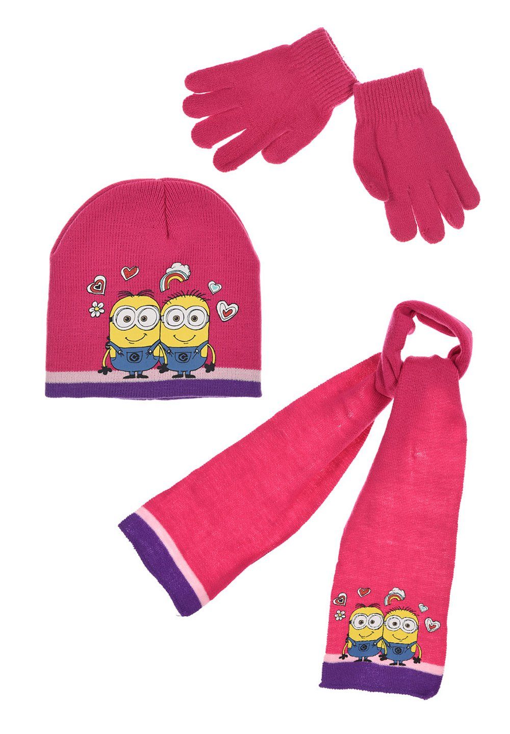 (SET) Beanie Minions Kinder Schal Winter-Set Handschuhe Pink Mädchen Mütze