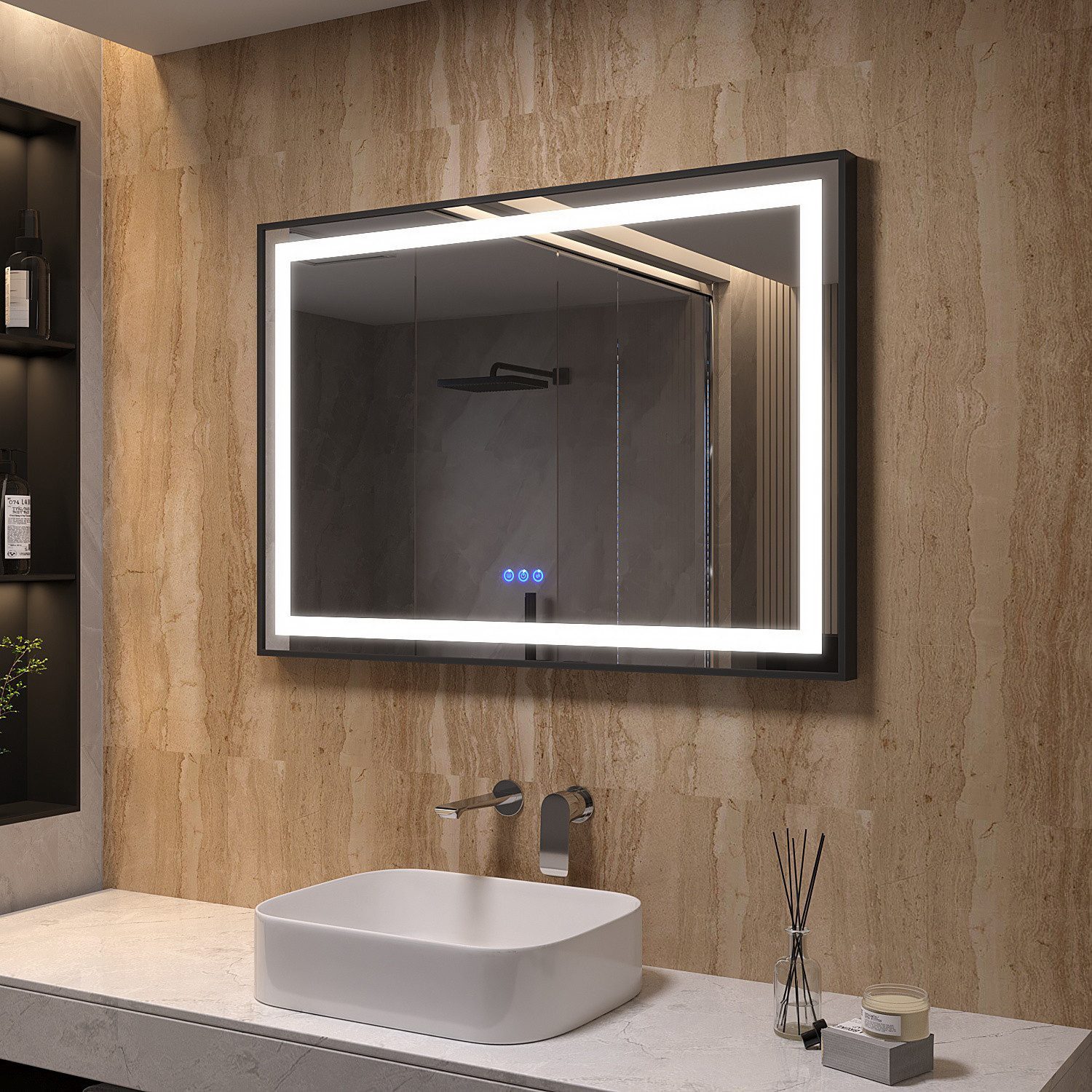 AQUABATOS Badspiegel LED Badspiegel IP44 mit Touchschalter Dimmbar Abgerundete/Scharfe Ecke (LED Badspiegel 160x70 140x70 100x70 cm mit Beleuchtung Lichtspiegel LED Spiegel Kosmetikspiegel Rasierspiegel Bad Spiegel mit licht beleuchtet 3 Lichtfarben, IP44, Energiesparend), großformatiger Badezimmerspiegel, Dimmbar,Beschlagfrei,Memory-Funktion