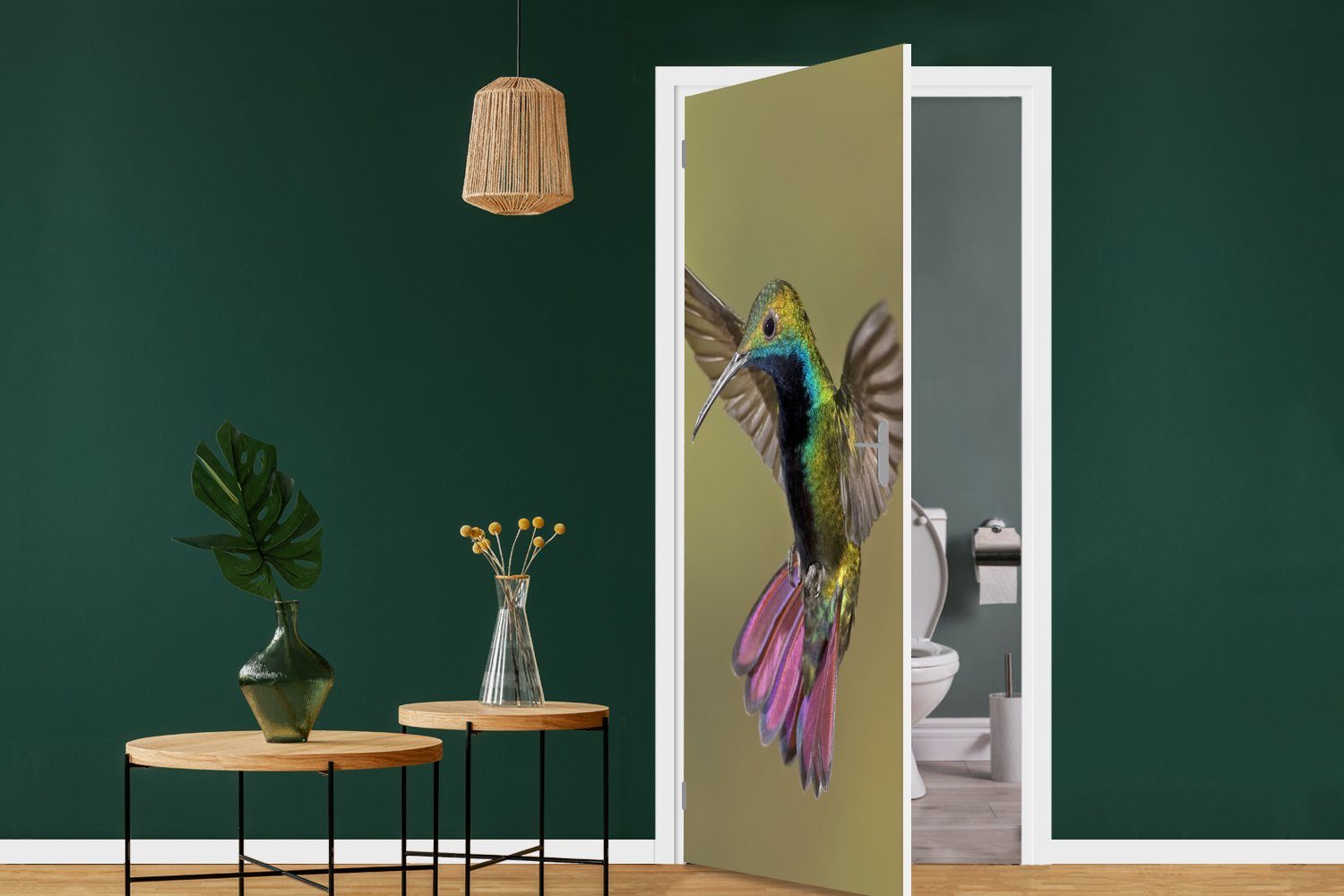MuchoWow Türtapete Kolibri - Grün Matt, bedruckt, Lila, 75x205 St), cm Fototapete Tür, für (1 Türaufkleber, 