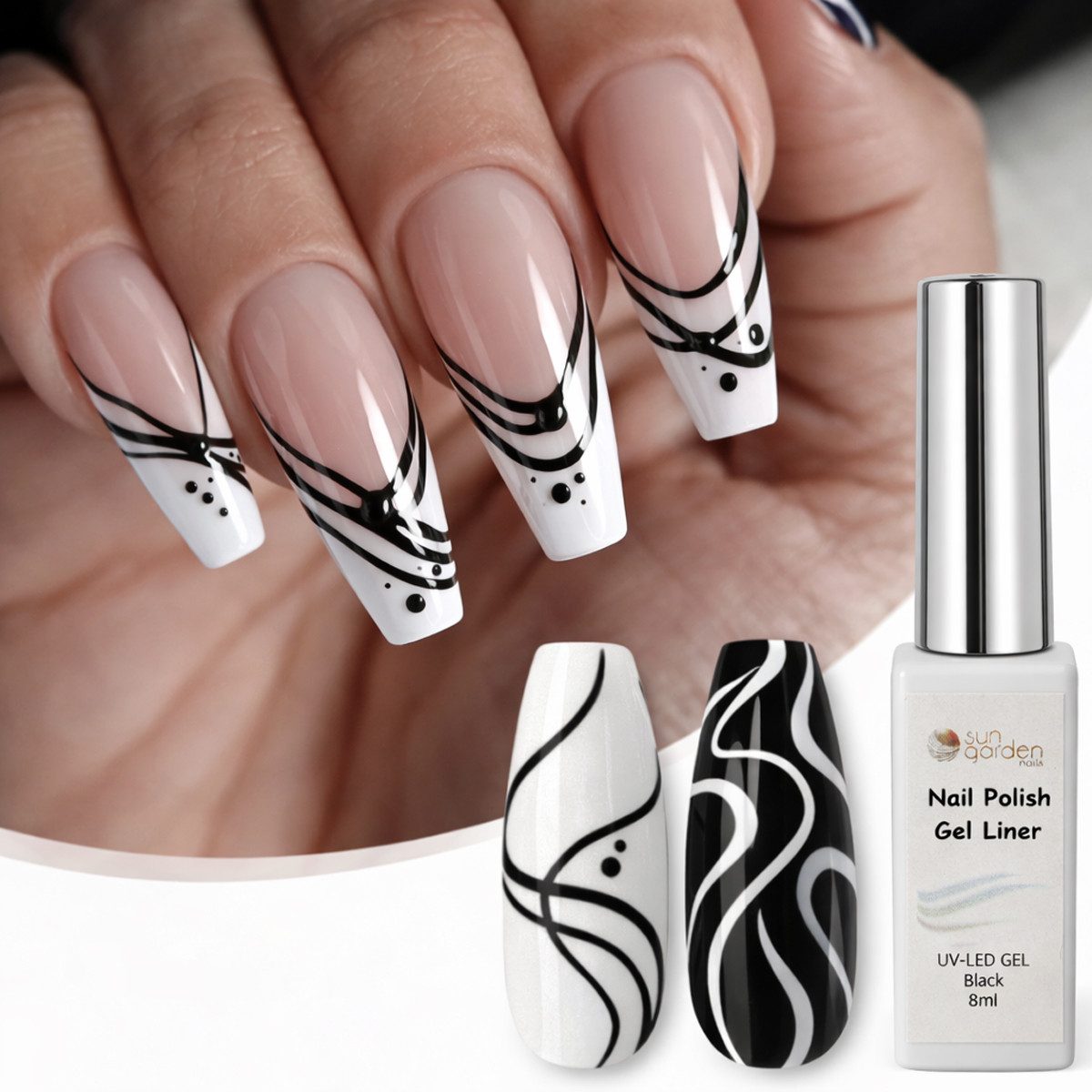 Sun Garden Nails Gel-Nagellack Nail Polish Nail Liner Black 8ml – Für feine Linien & Designs, Extra feine Nail-Liner-Spitze – Für präzise Linien